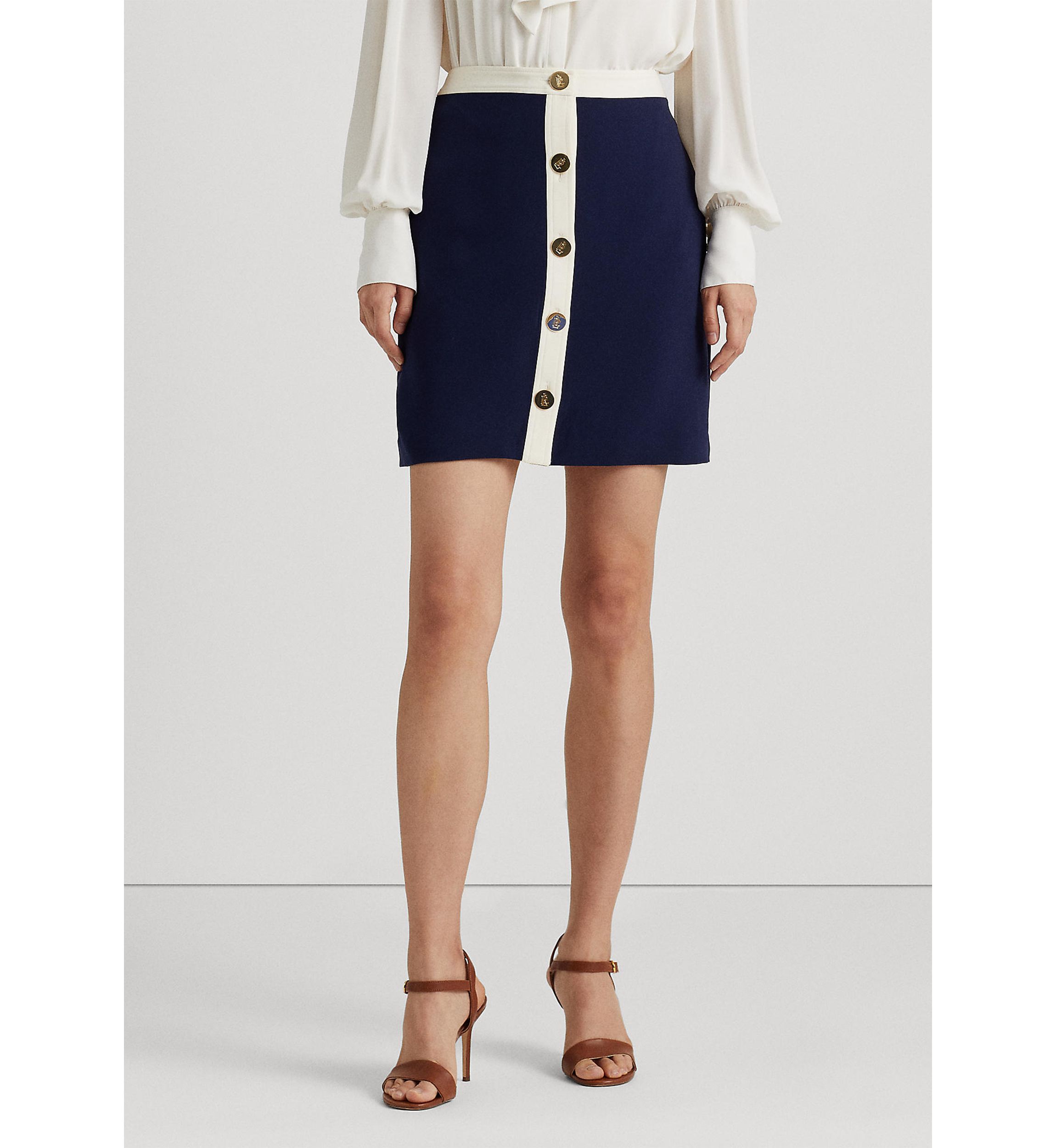 Button-Front Two-Tone Crepe Pencil Skirt