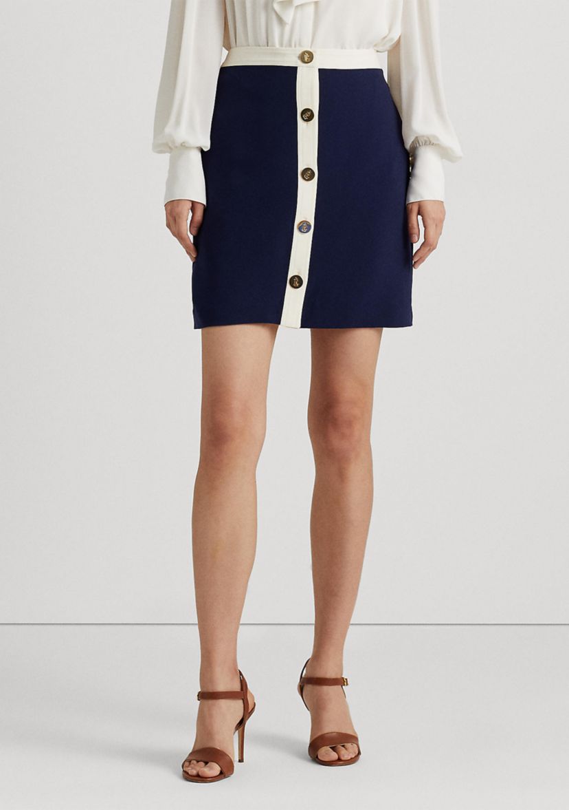 Button-Front Two-Tone Crepe Pencil Skirt