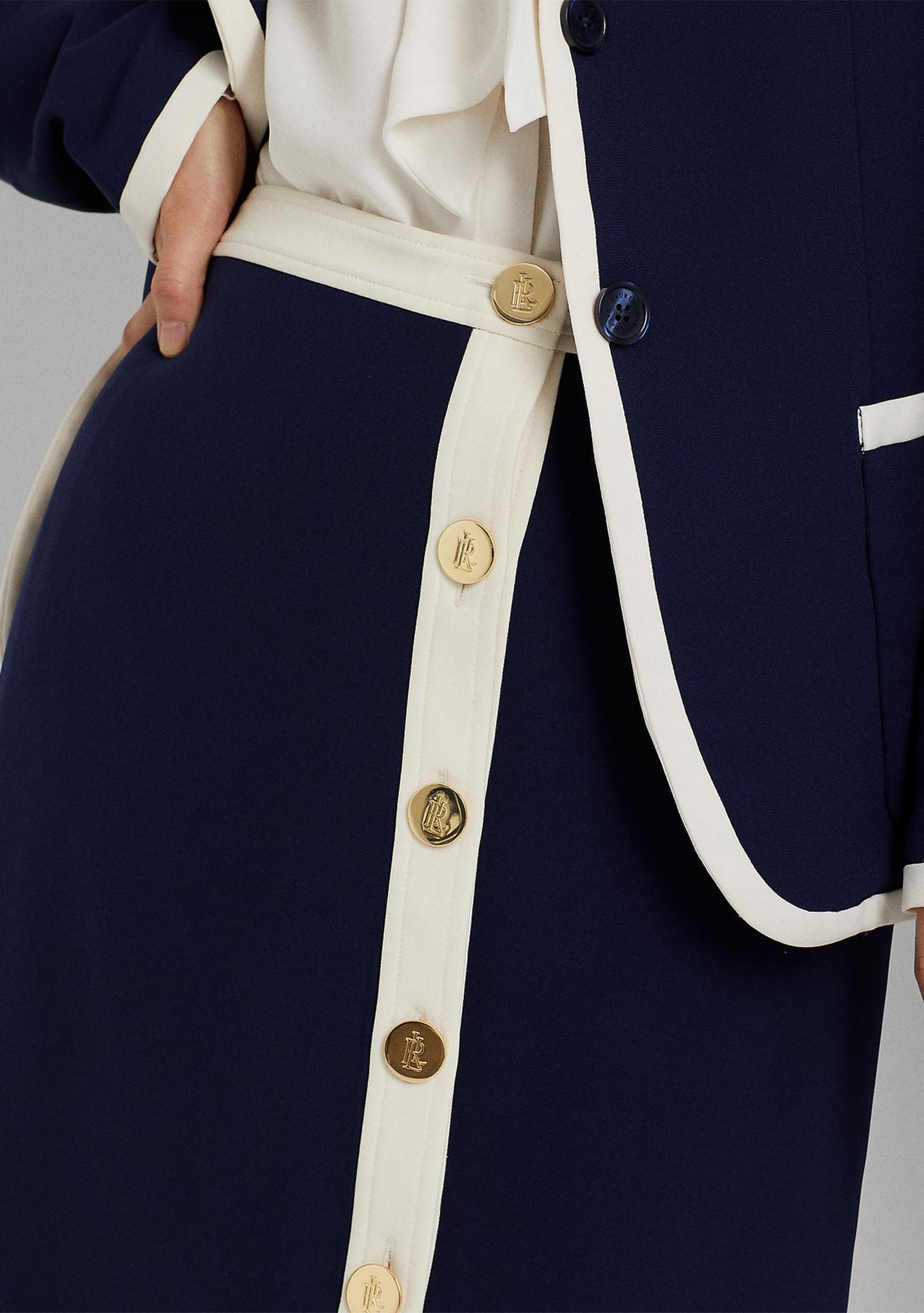 Button-Front Two-Tone Crepe Pencil Skirt