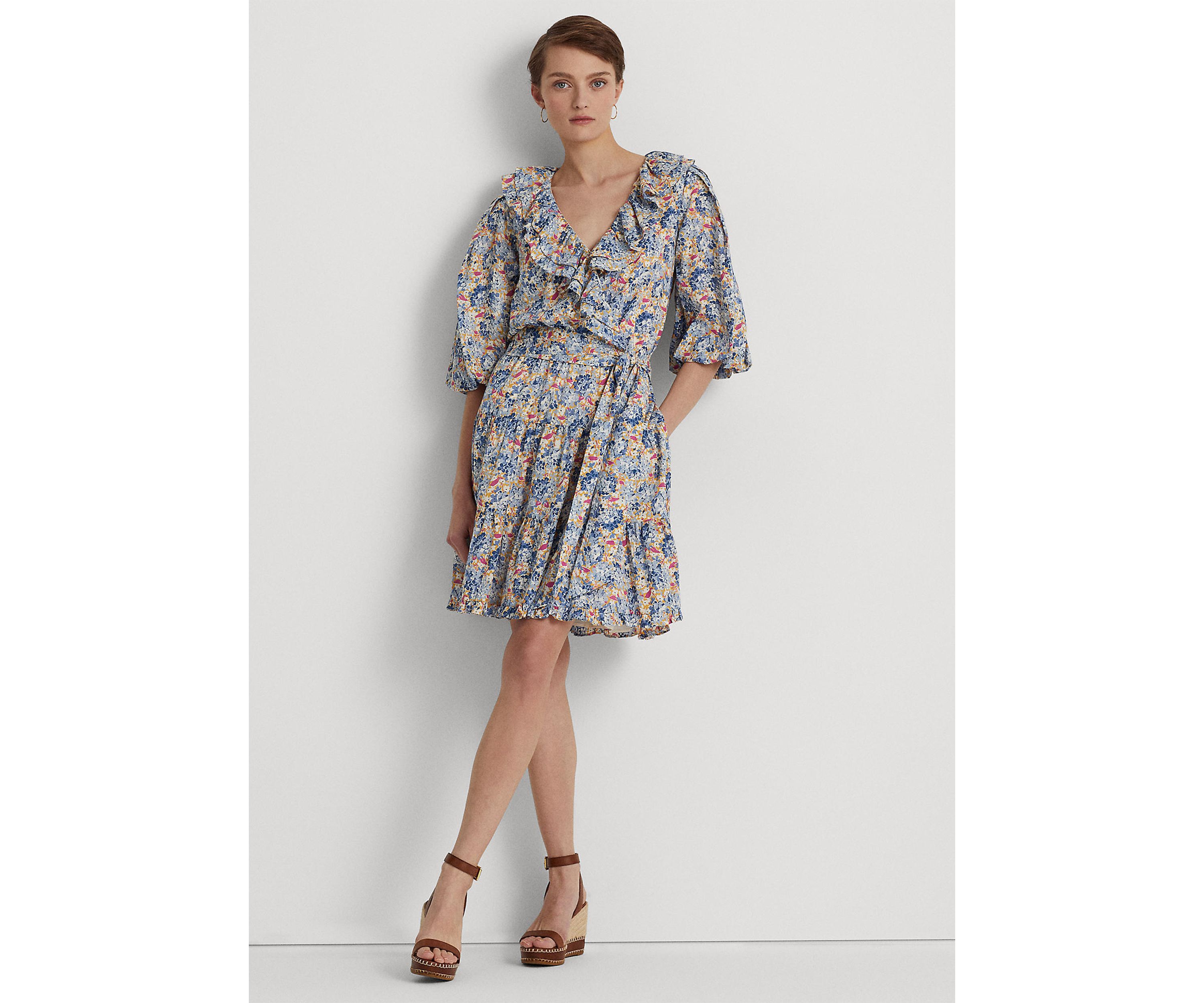 Floral Ruffle Trim Cotton Voile Dress