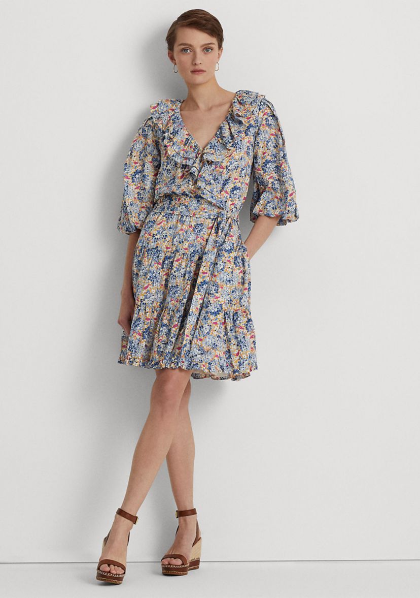 Floral Ruffle Trim Cotton Voile Dress