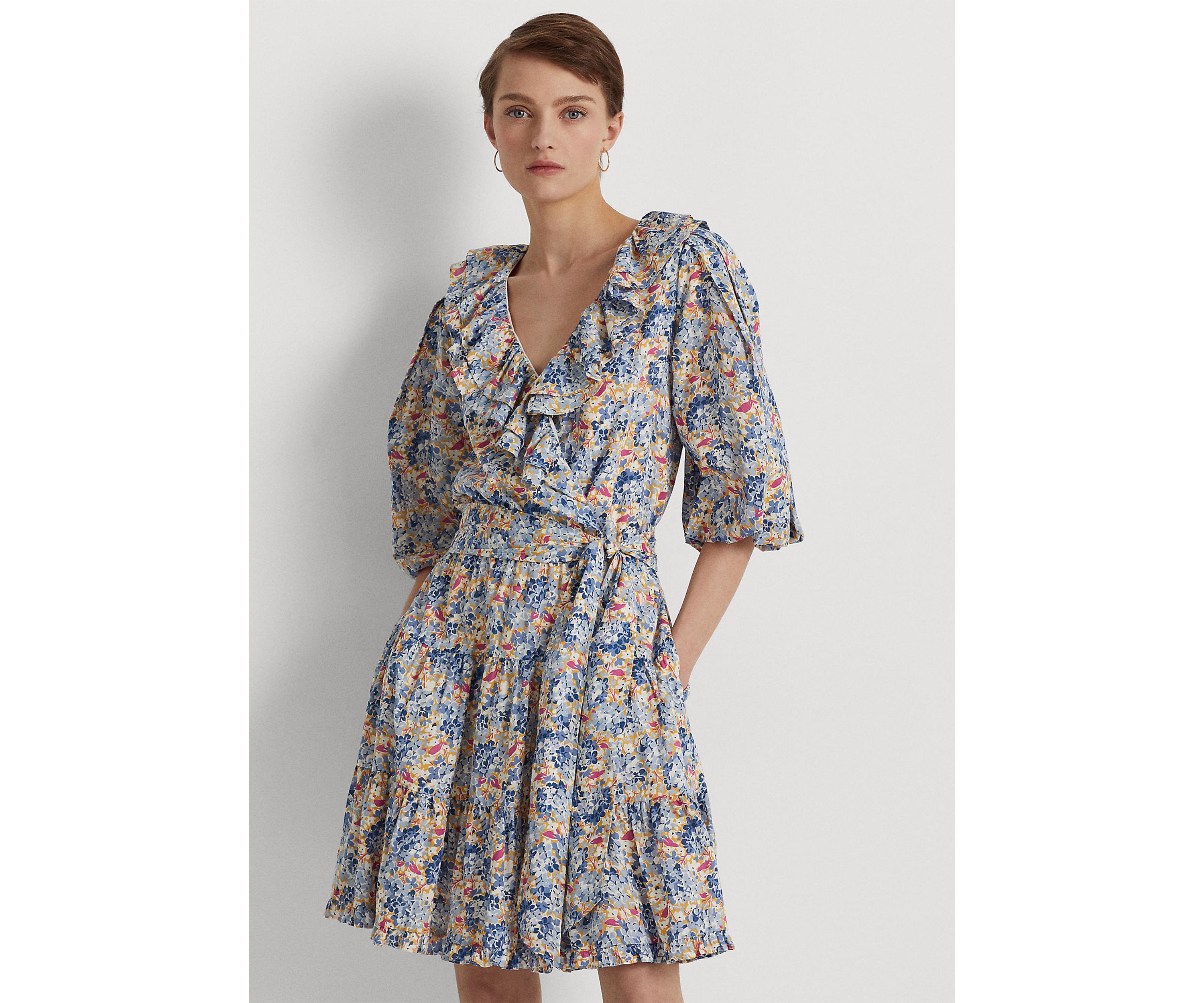 Floral Ruffle Trim Cotton Voile Dress