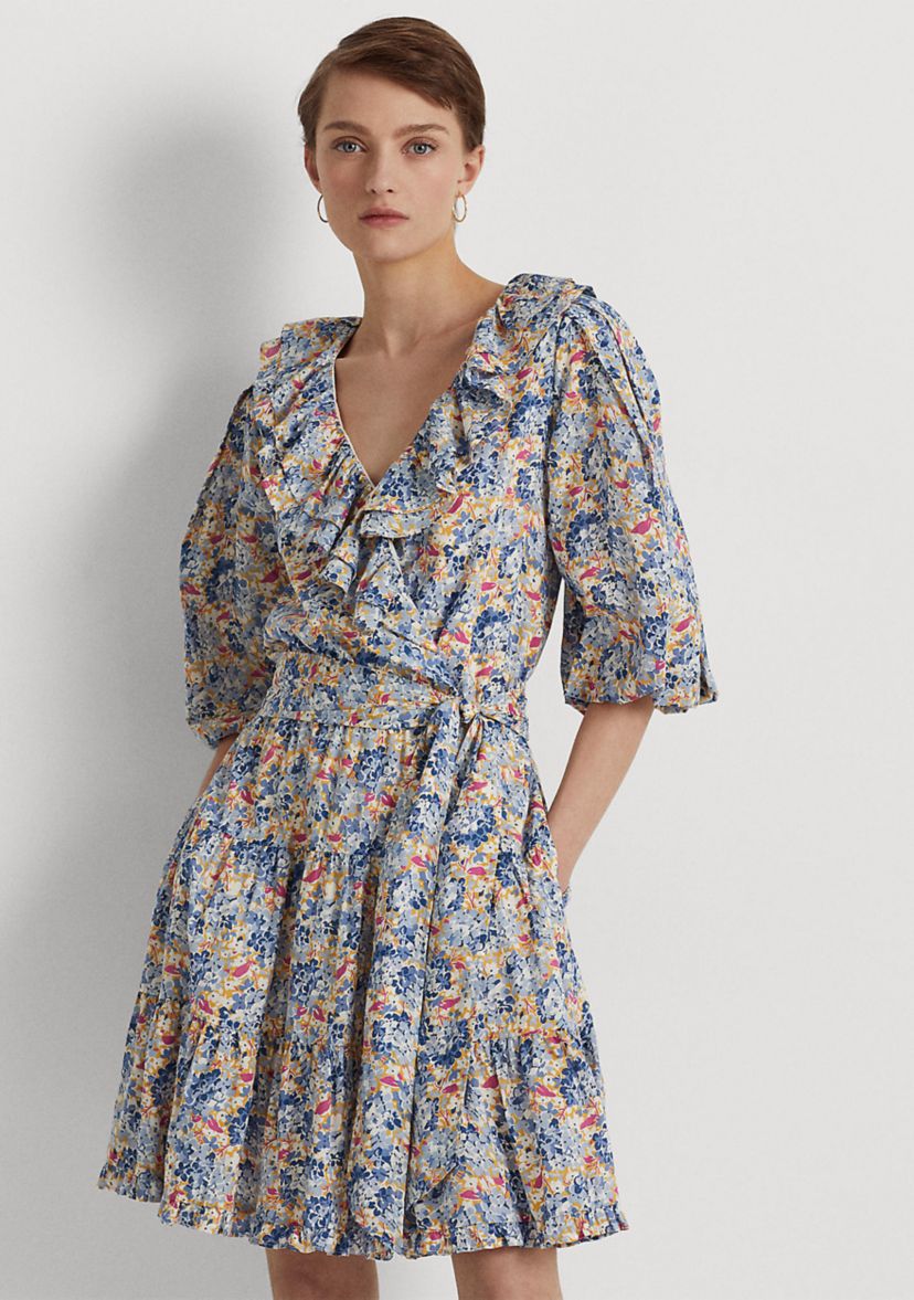 Floral Ruffle Trim Cotton Voile Dress