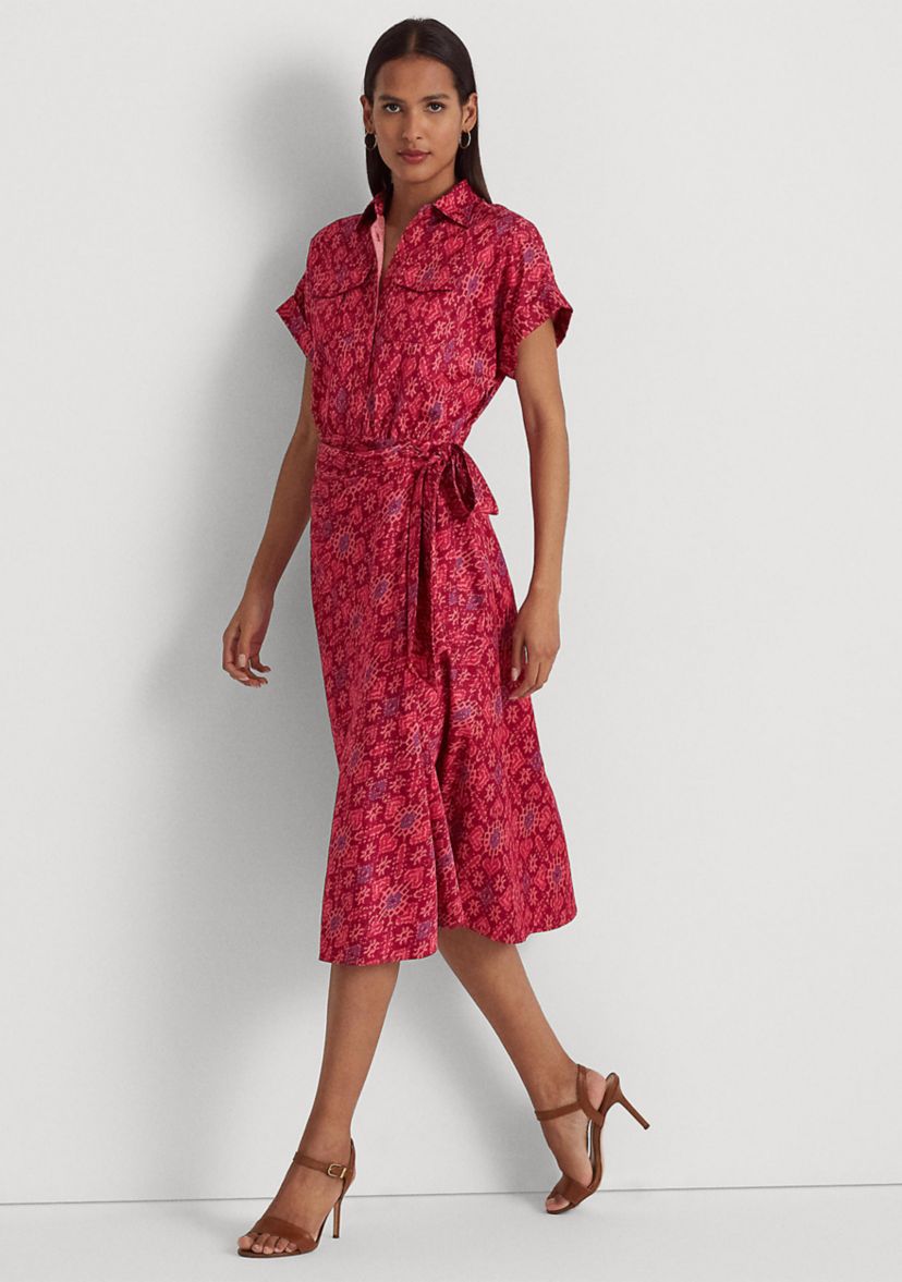 Geometric Print Shantung Tie Waist Dress