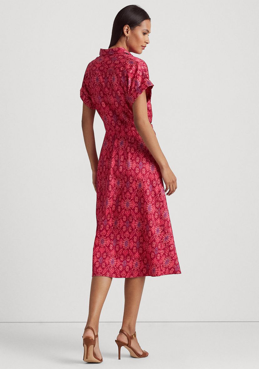 Geometric Print Shantung Tie Waist Dress