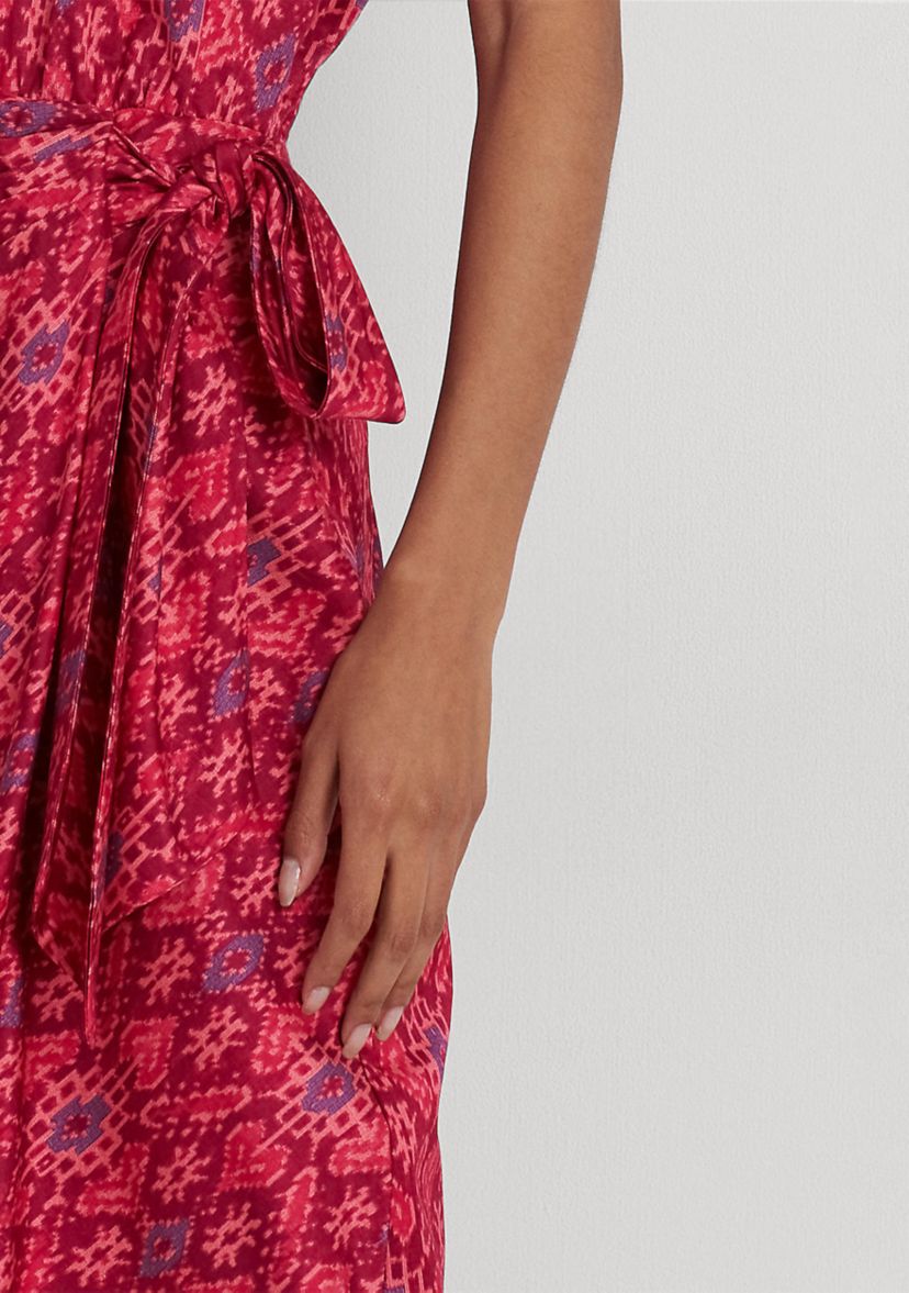 Geometric Print Shantung Tie Waist Dress