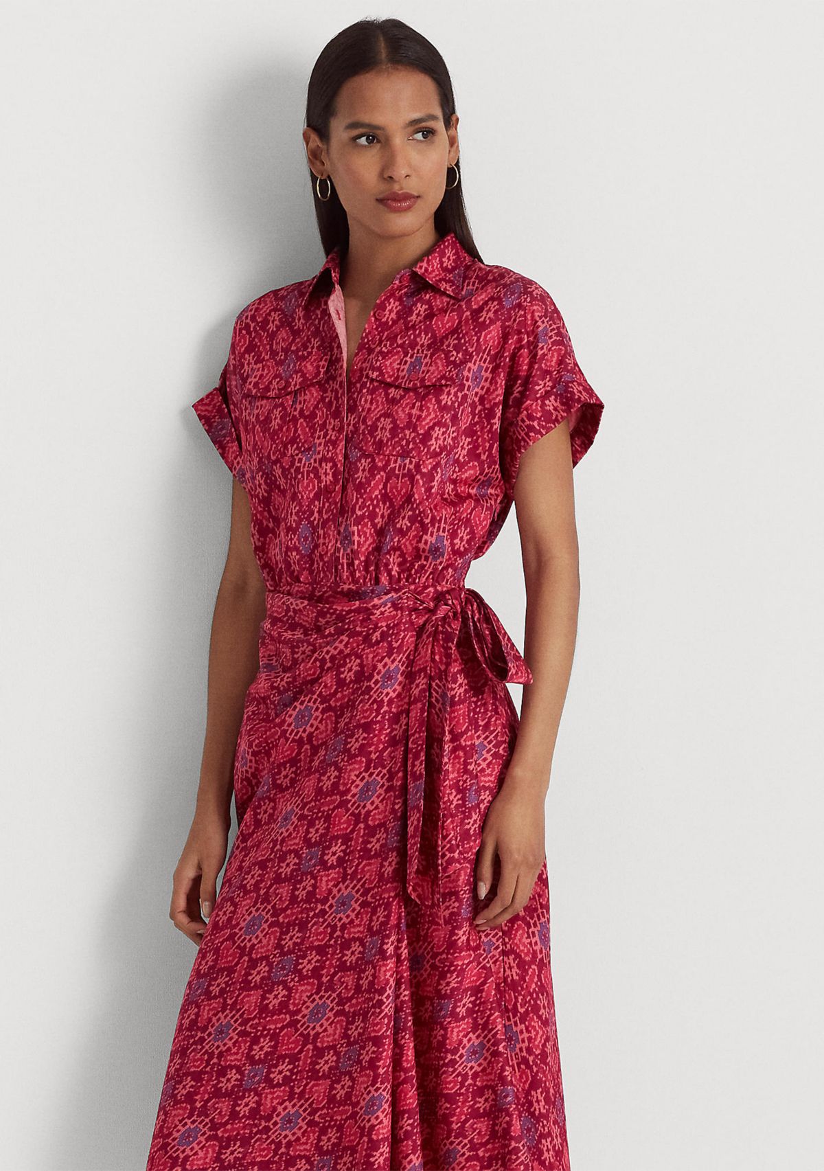 Geometric Print Shantung Tie Waist Dress