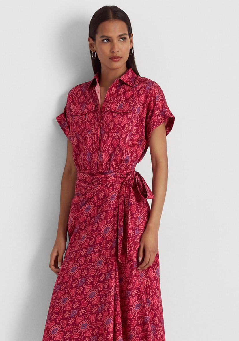 Geometric Print Shantung Tie Waist Dress