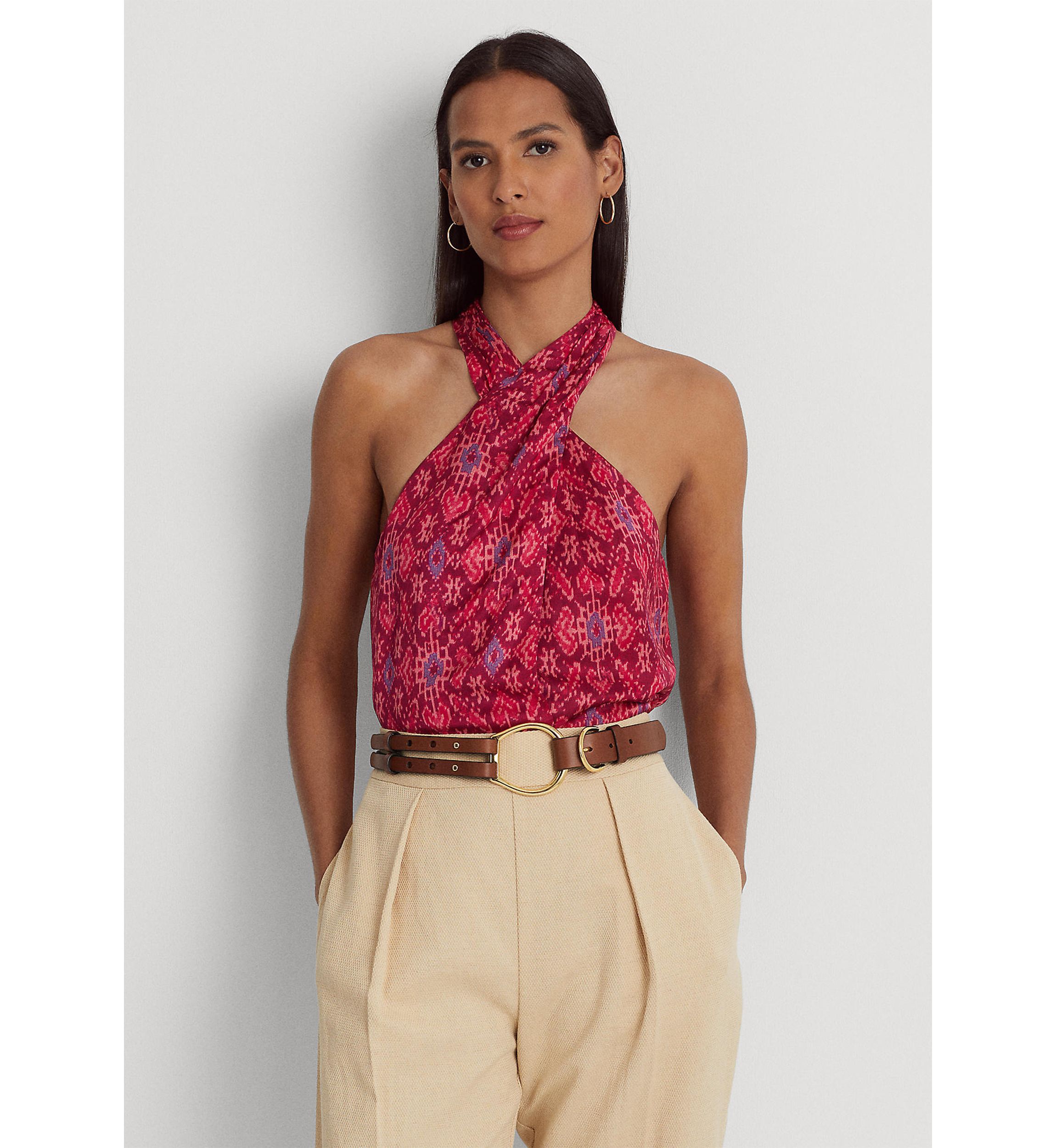 Geometric Print Shantung Halter Blouse