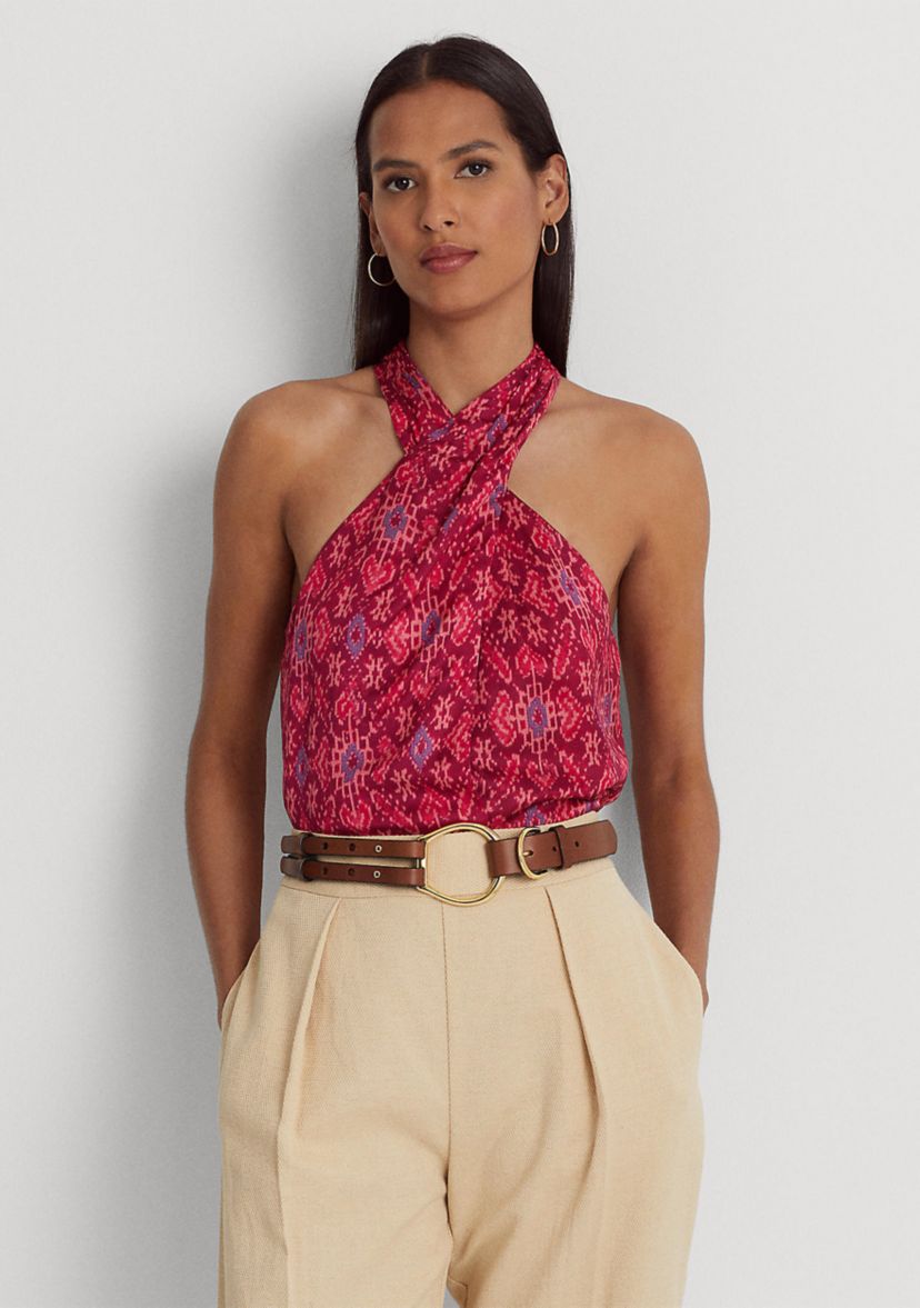 Geometric Print Shantung Halter Blouse