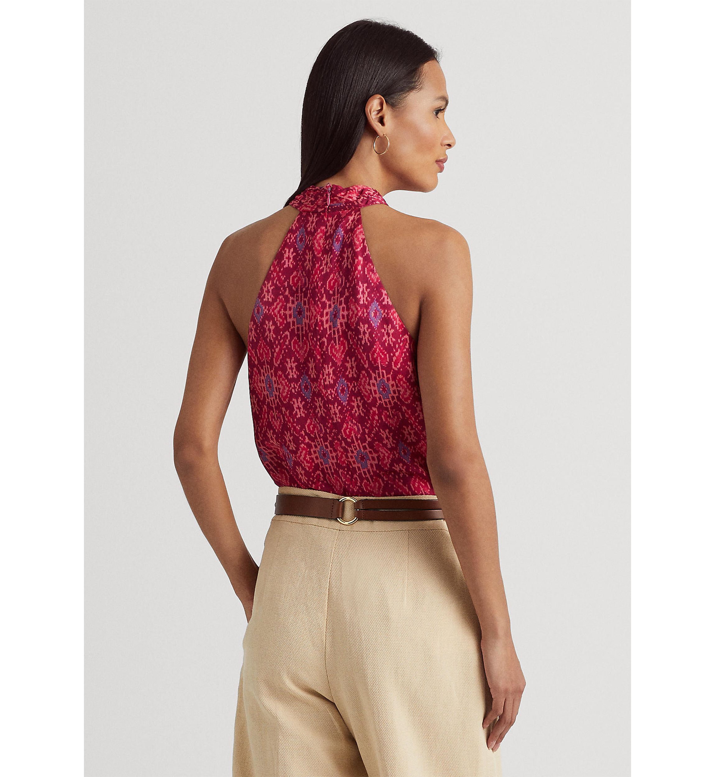 Geometric Print Shantung Halter Blouse