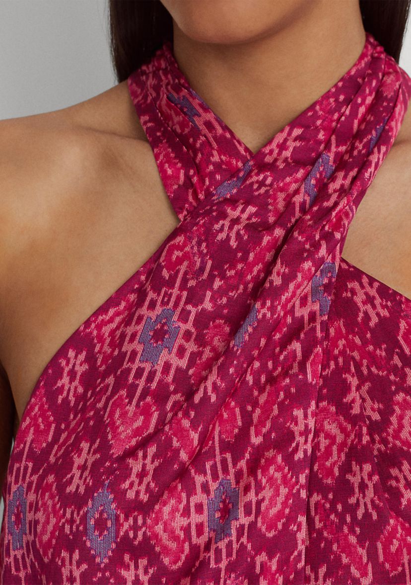 Geometric Print Shantung Halter Blouse