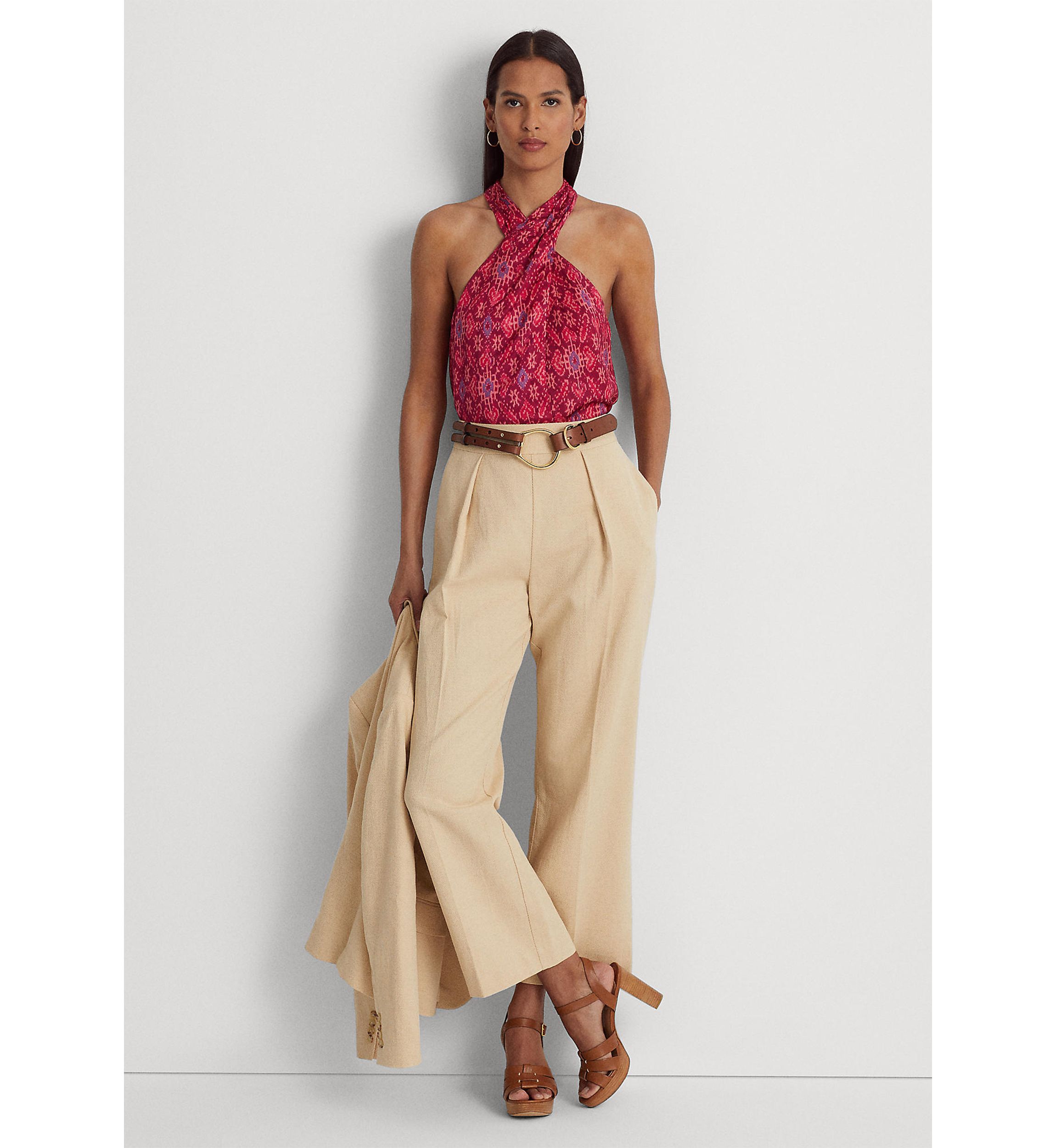 Geometric Print Shantung Halter Blouse