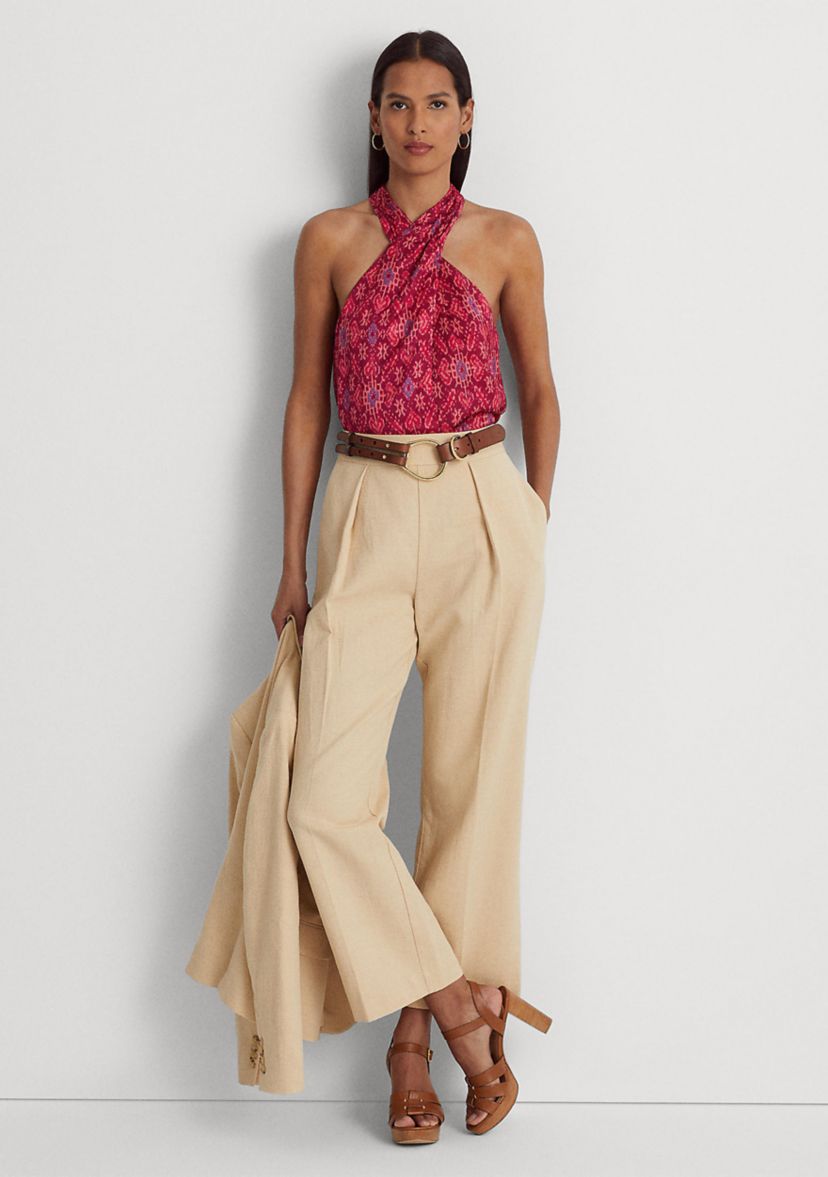 Geometric Print Shantung Halter Blouse