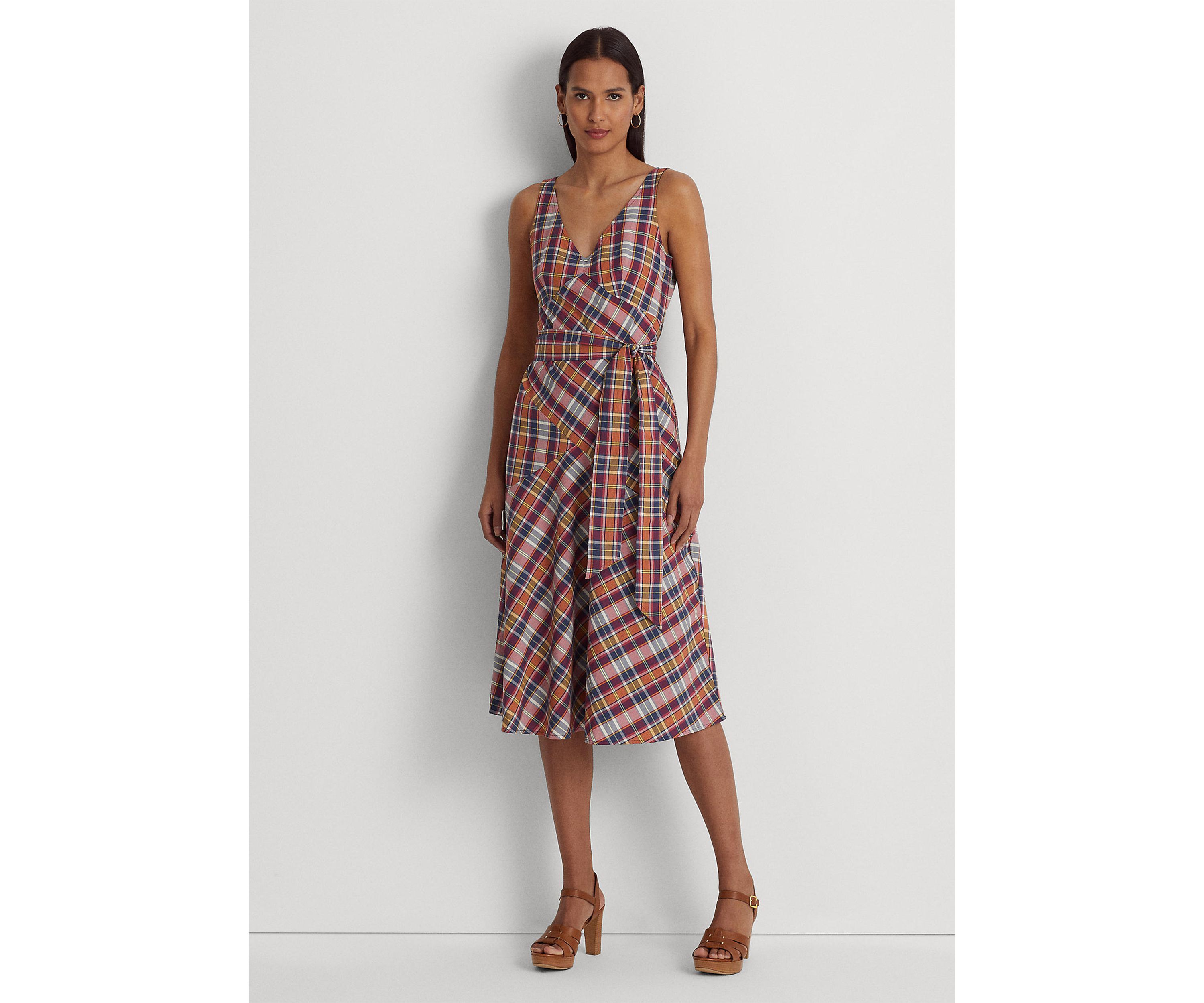 Belted Cotton Madras Sleeveless Dress