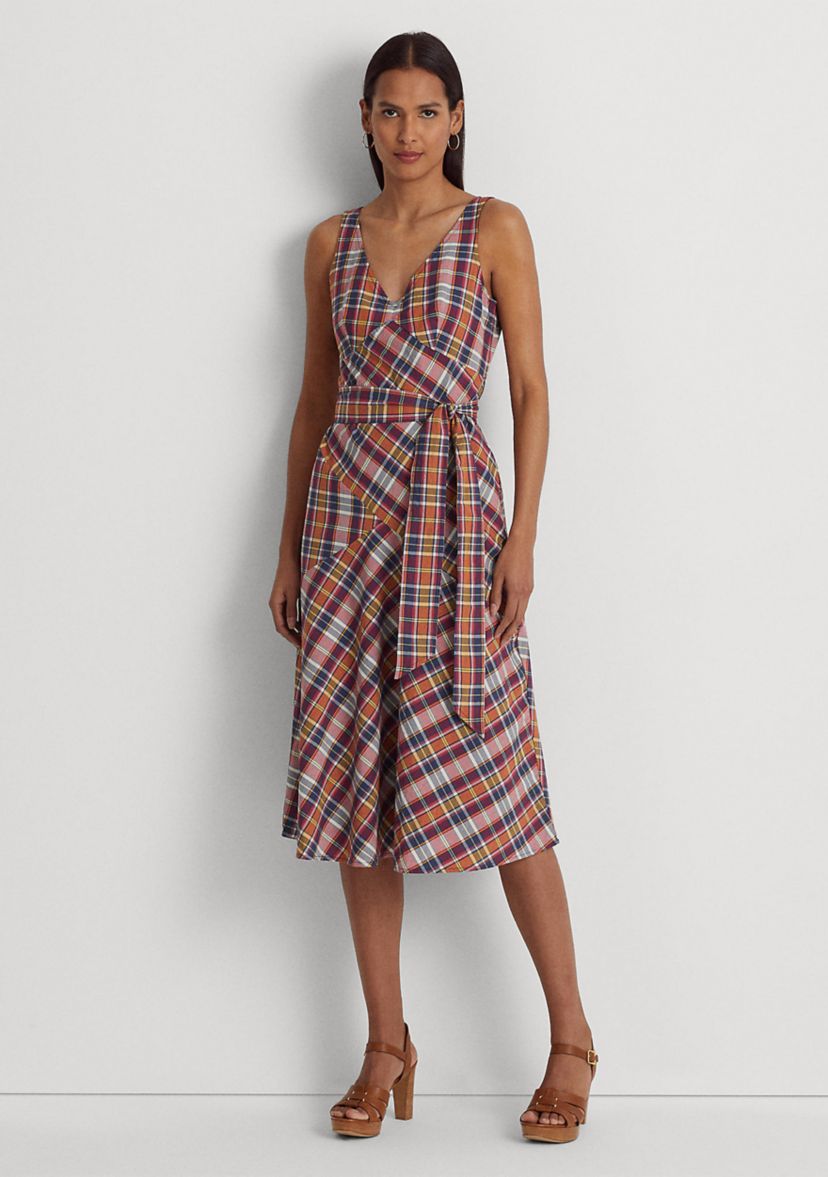 Belted Cotton Madras Sleeveless Dress