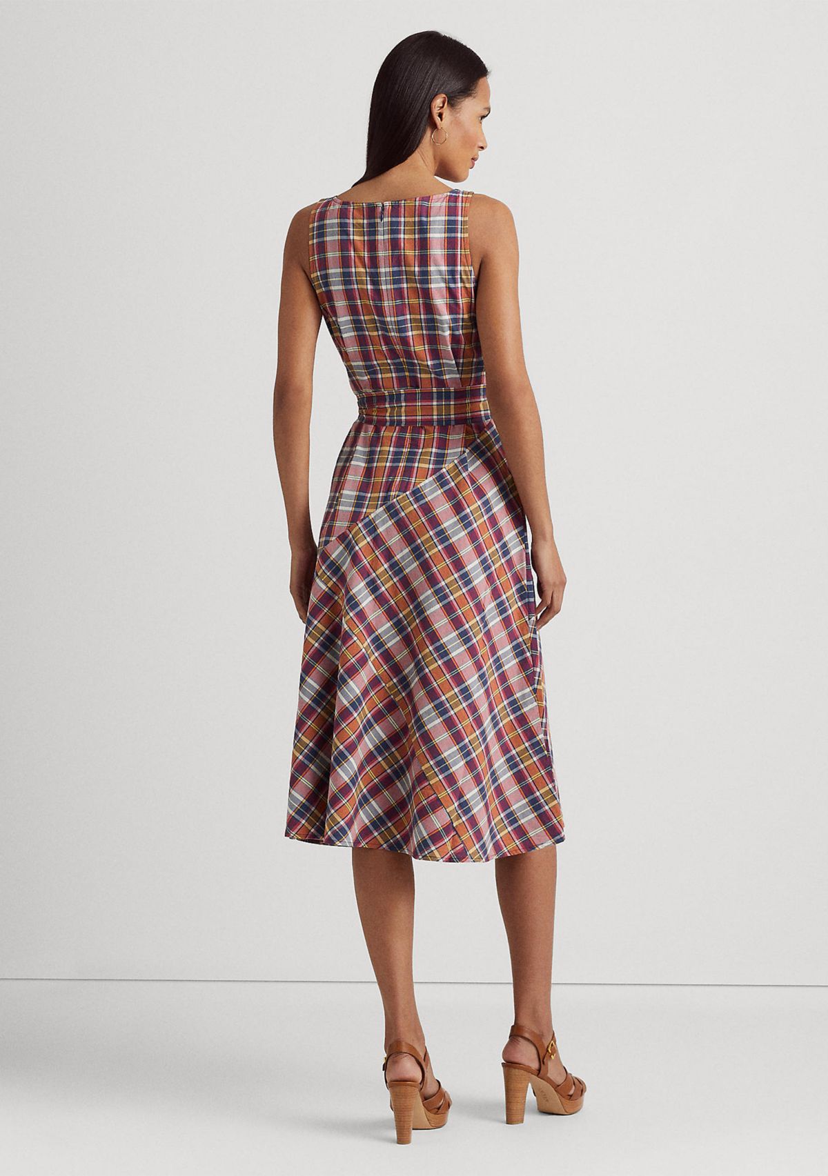 Belted Cotton Madras Sleeveless Dress