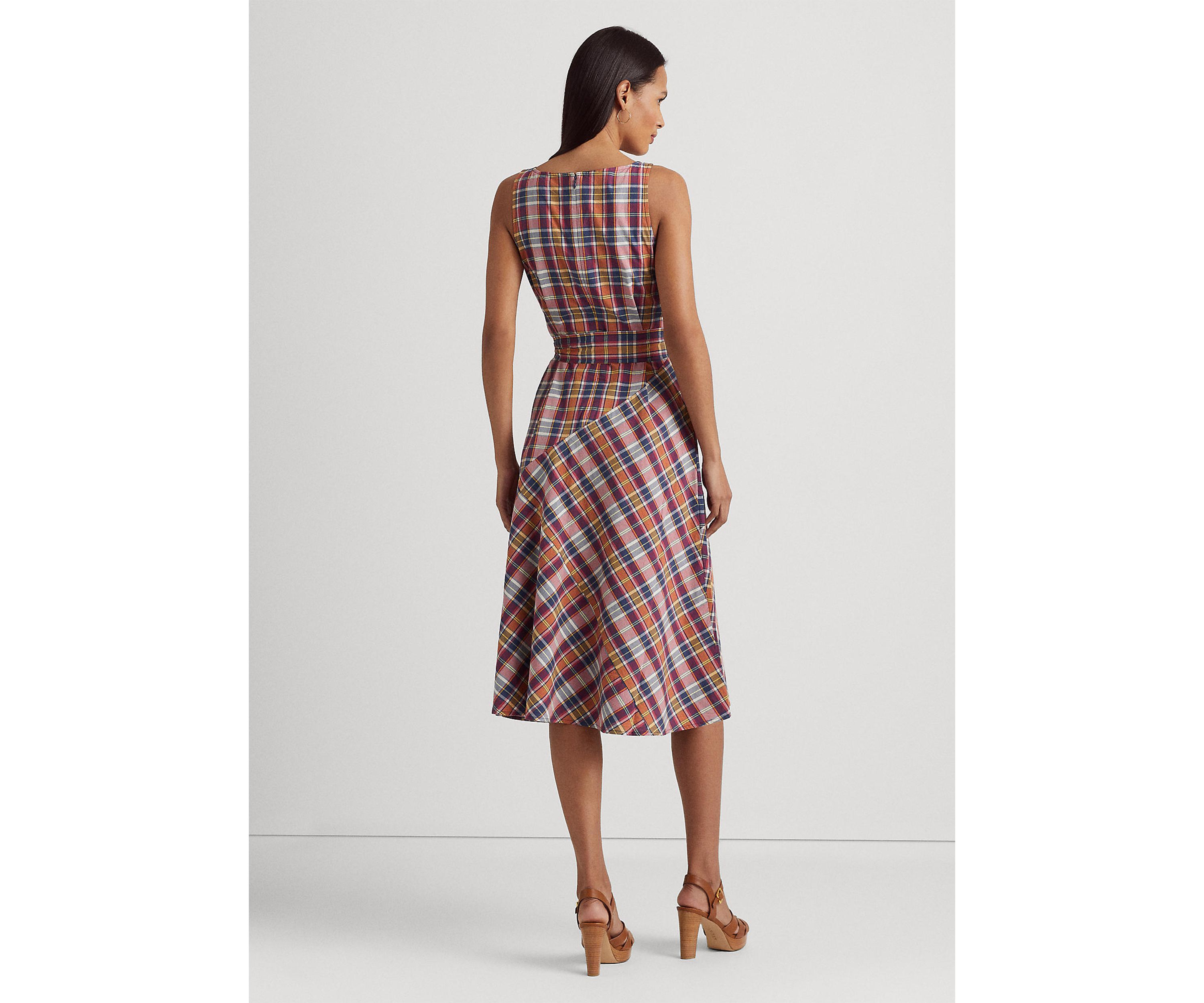 Belted Cotton Madras Sleeveless Dress