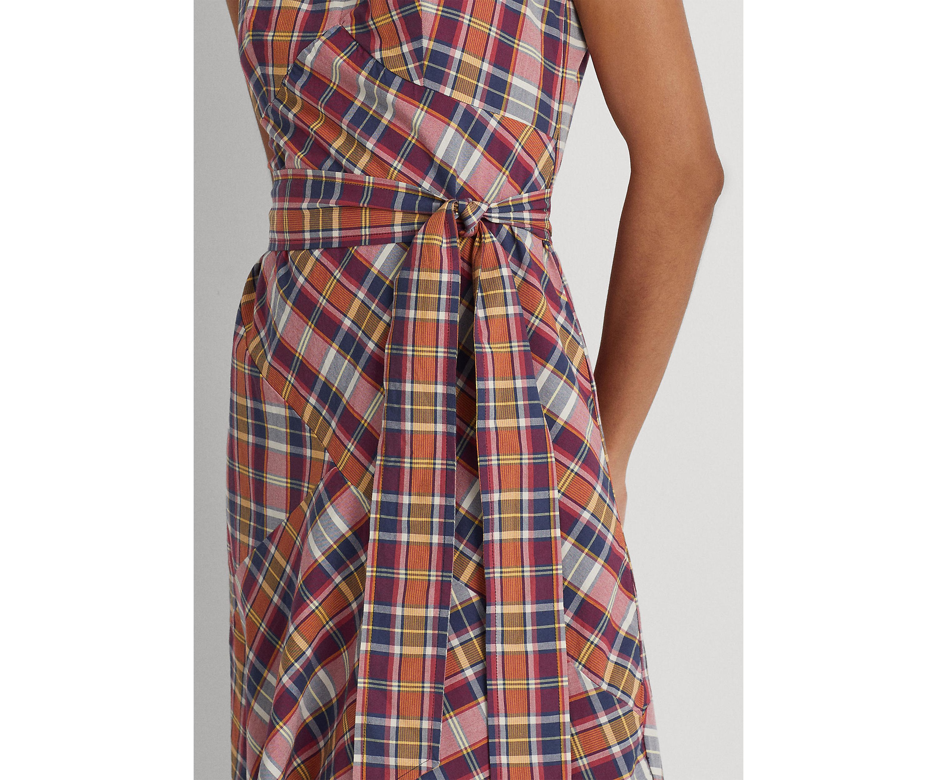 Belted Cotton Madras Sleeveless Dress