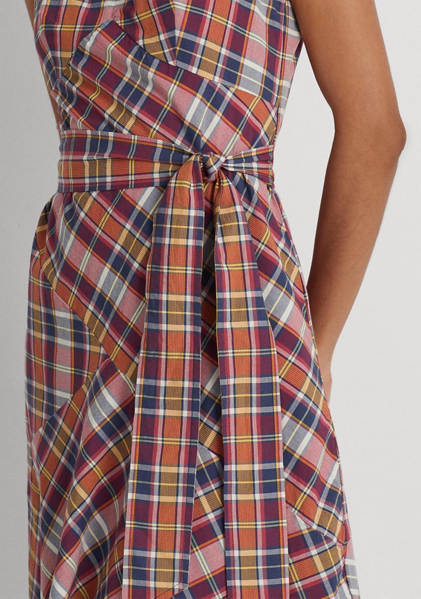Belted Cotton Madras Sleeveless Dress