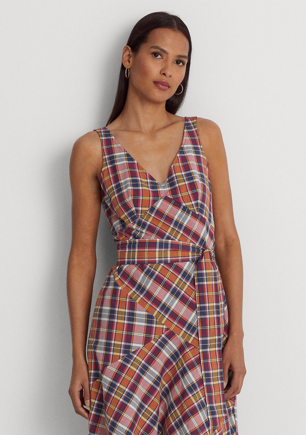 Belted Cotton Madras Sleeveless Dress
