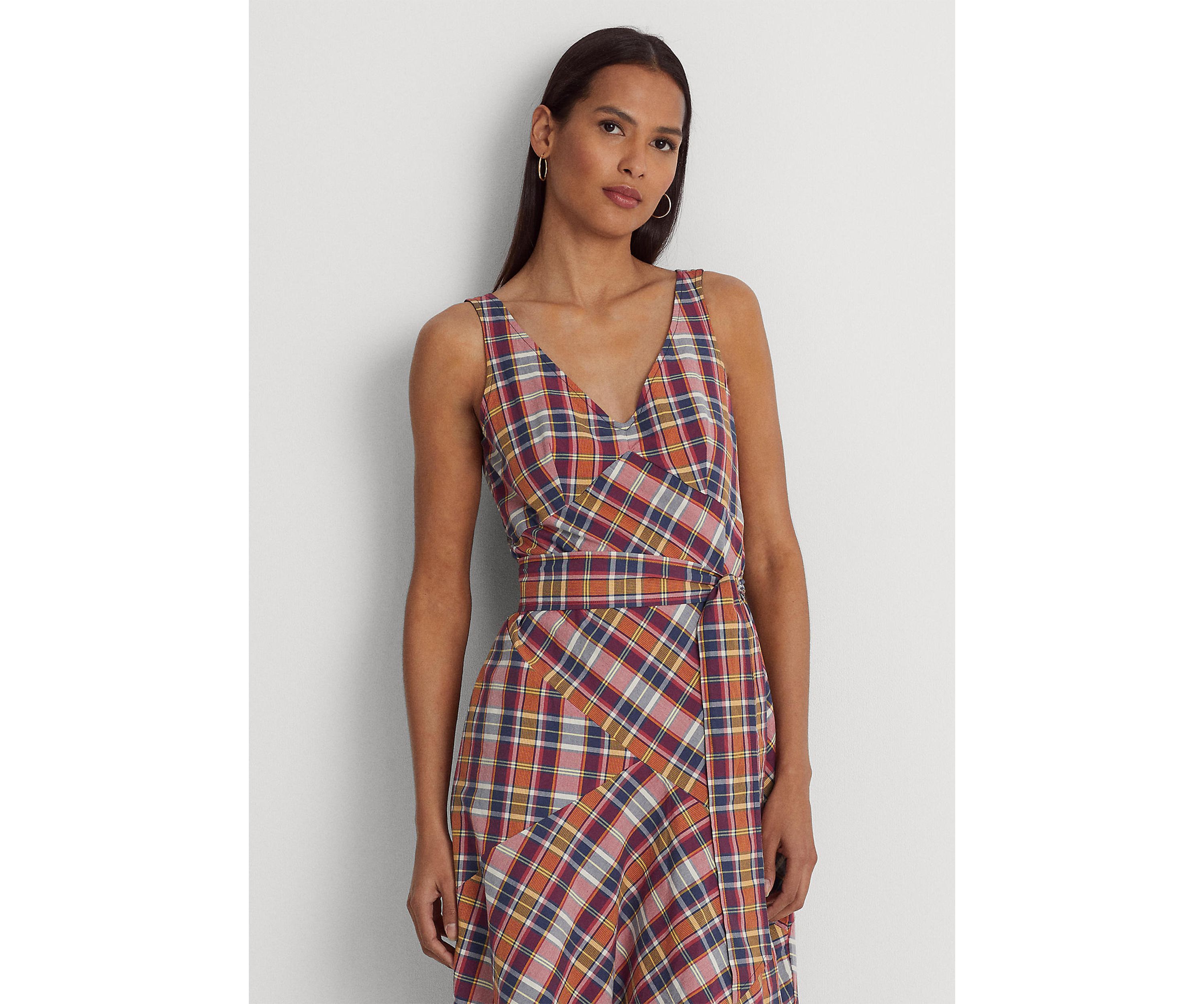 Belted Cotton Madras Sleeveless Dress
