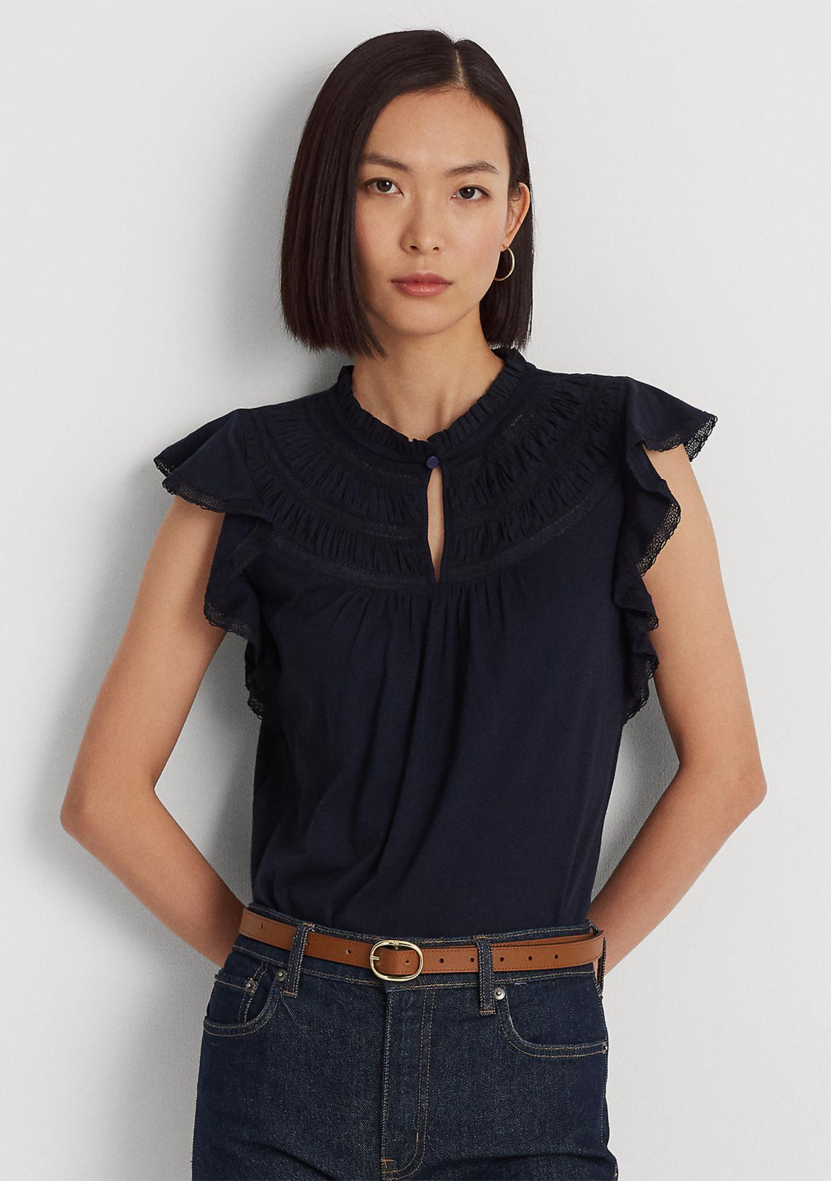 Lace Trim Jersey Flutter Sleeve Blouse