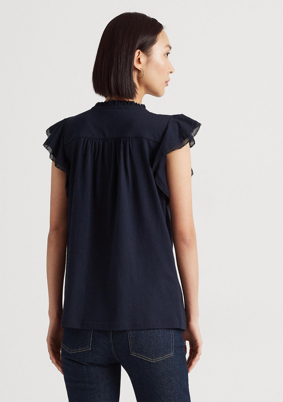 Lace Trim Jersey Flutter Sleeve Blouse