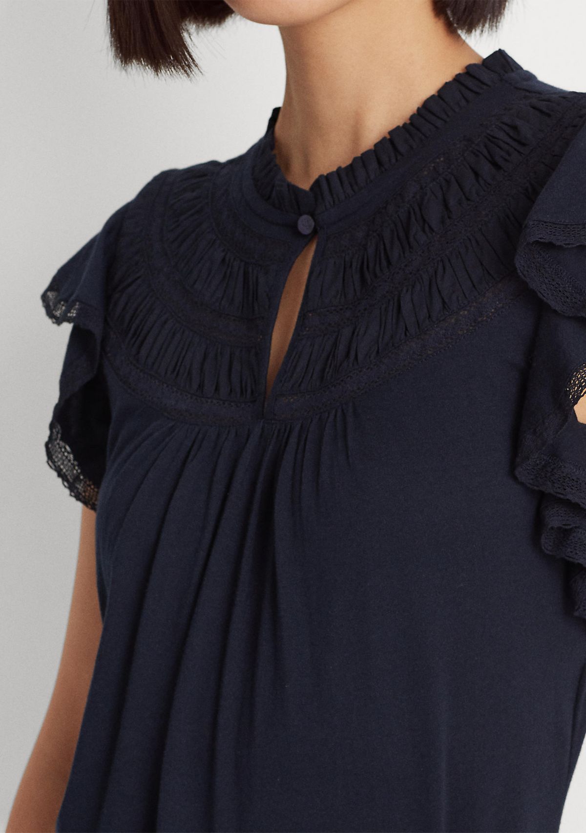 Lace Trim Jersey Flutter Sleeve Blouse