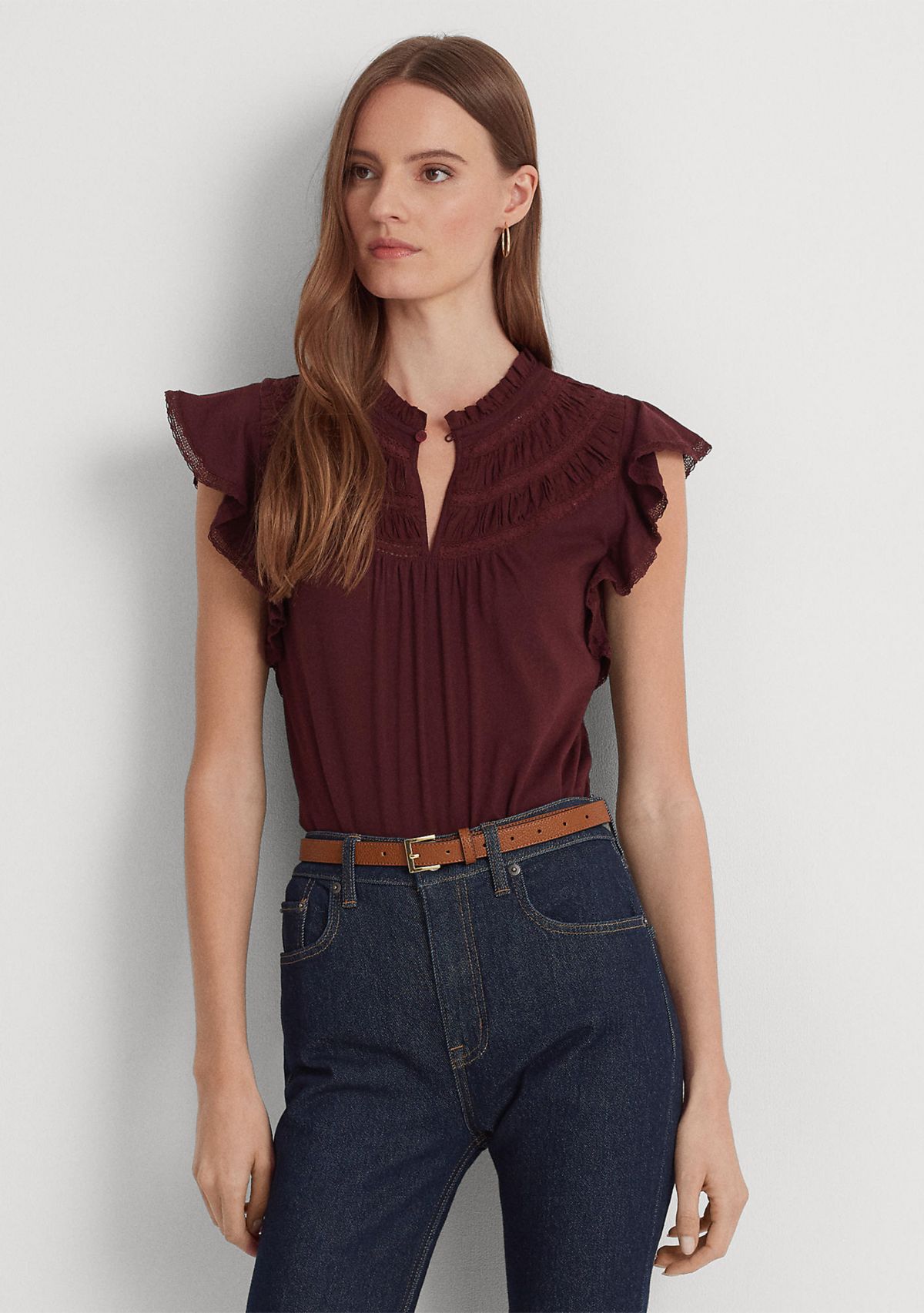 Lace Trim Jersey Flutter Sleeve Blouse