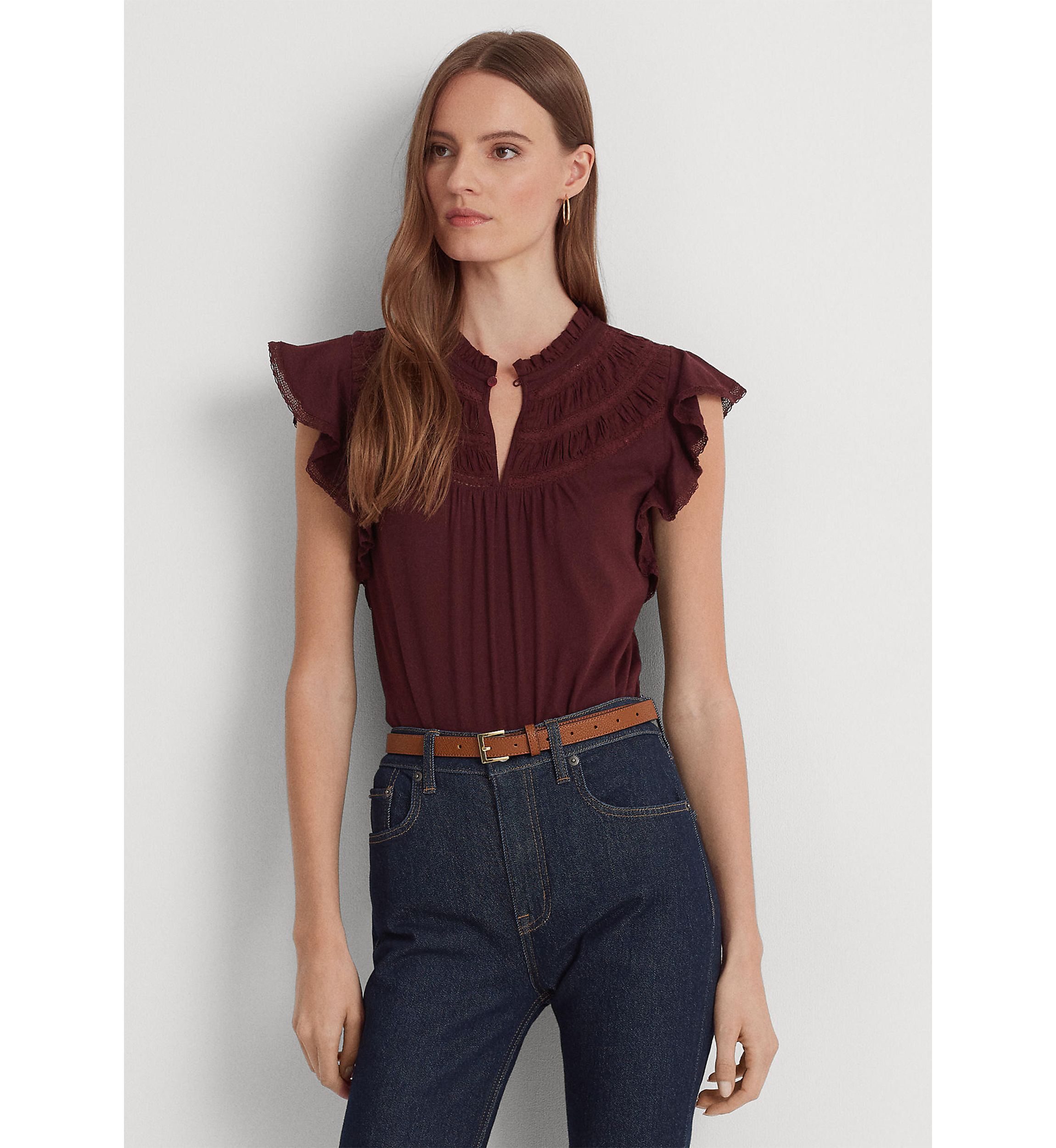 Lace Trim Jersey Flutter Sleeve Blouse