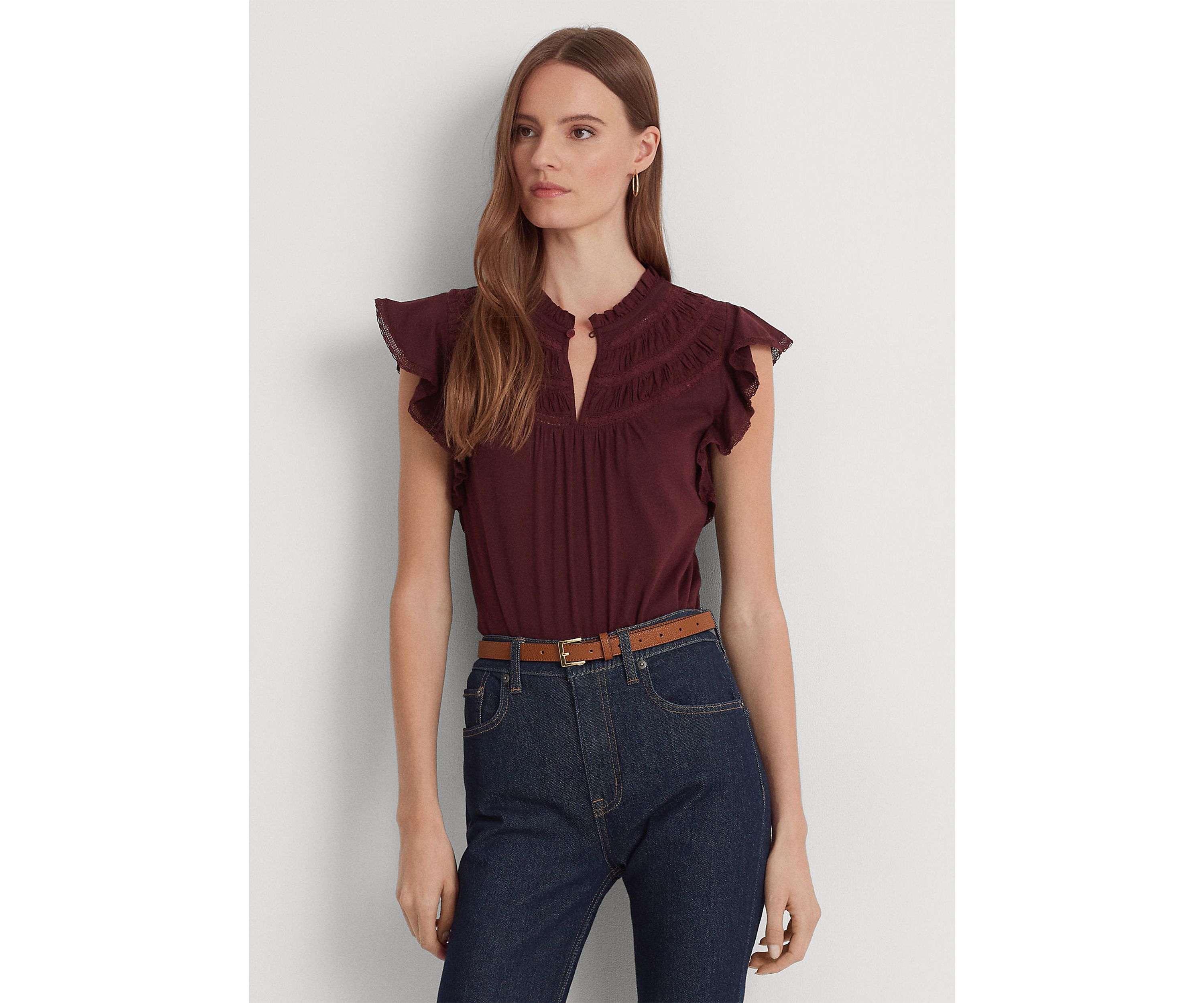 Lace Trim Jersey Flutter Sleeve Blouse
