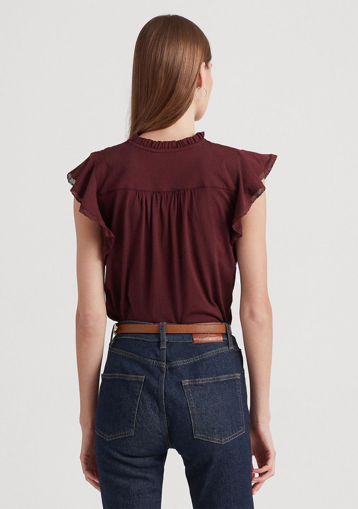 Lace Trim Jersey Flutter Sleeve Blouse