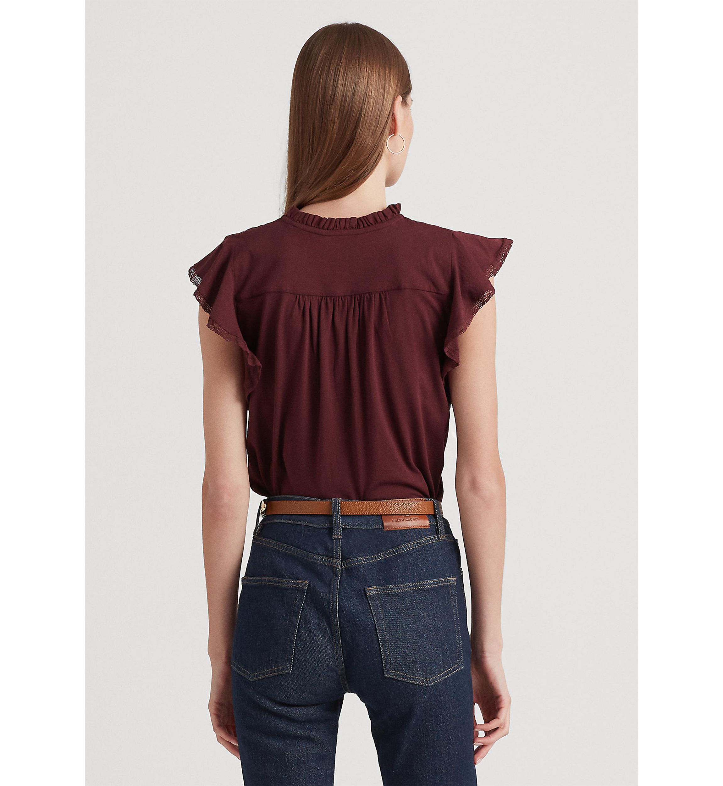 Lace Trim Jersey Flutter Sleeve Blouse