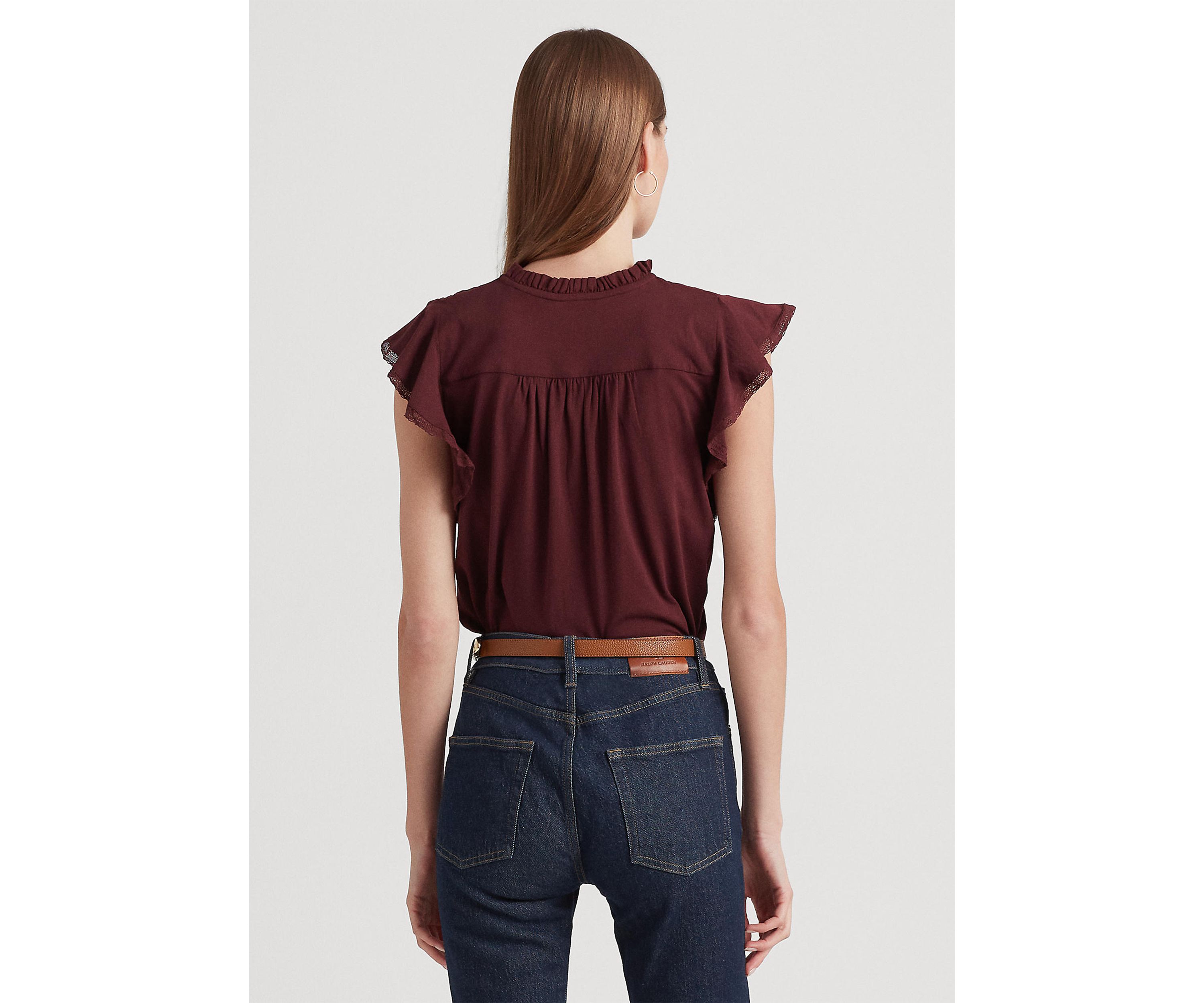 Lace Trim Jersey Flutter Sleeve Blouse
