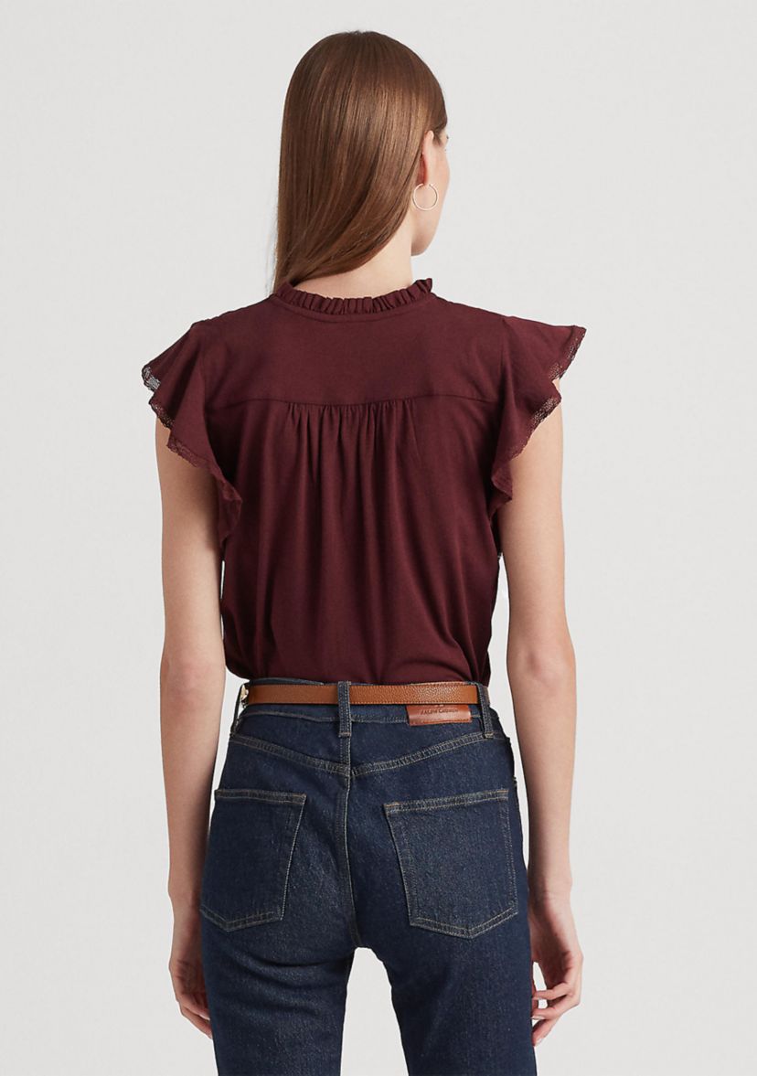Lace Trim Jersey Flutter Sleeve Blouse