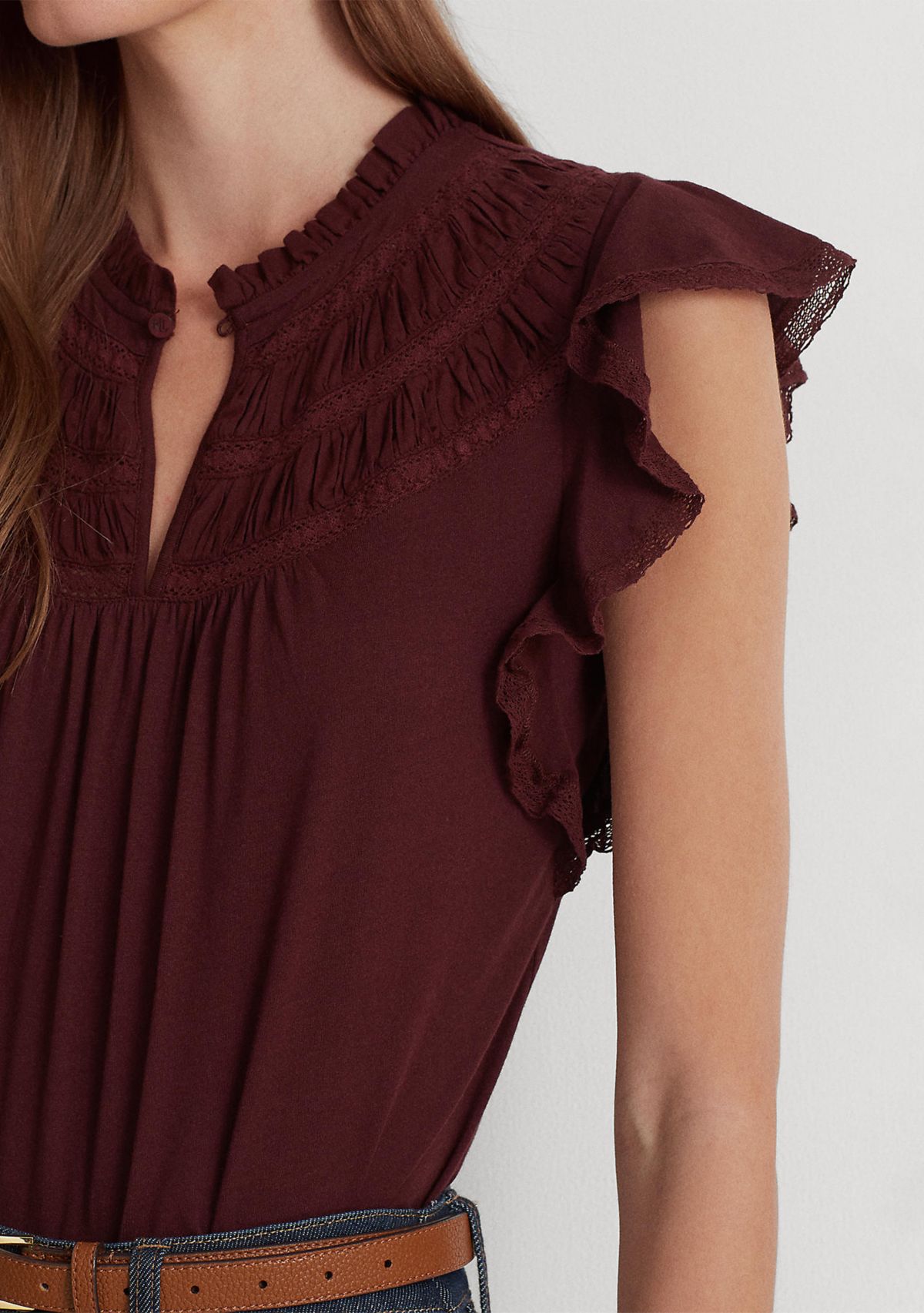 Lace Trim Jersey Flutter Sleeve Blouse