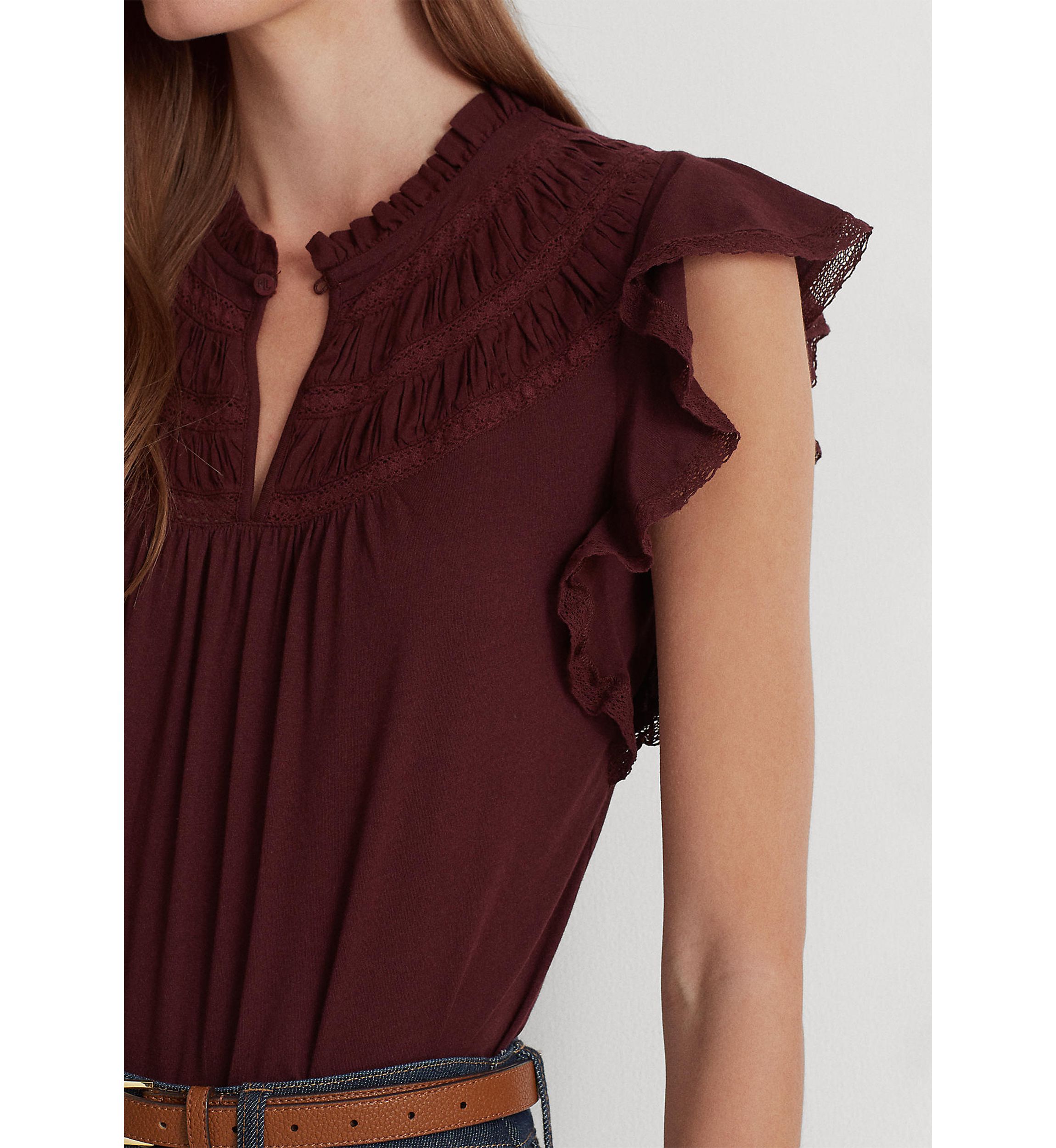 Lace Trim Jersey Flutter Sleeve Blouse