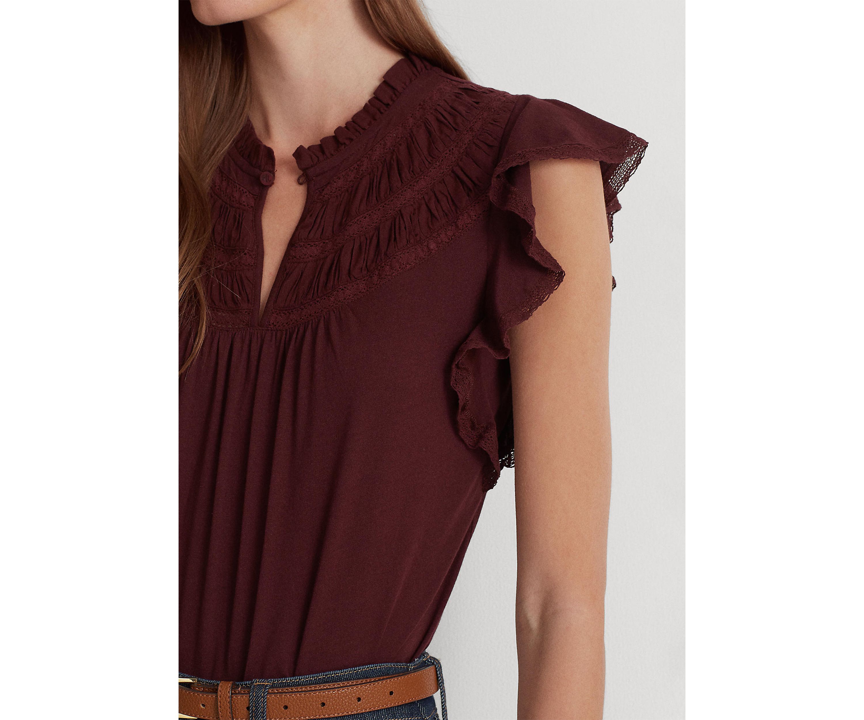 Lace Trim Jersey Flutter Sleeve Blouse