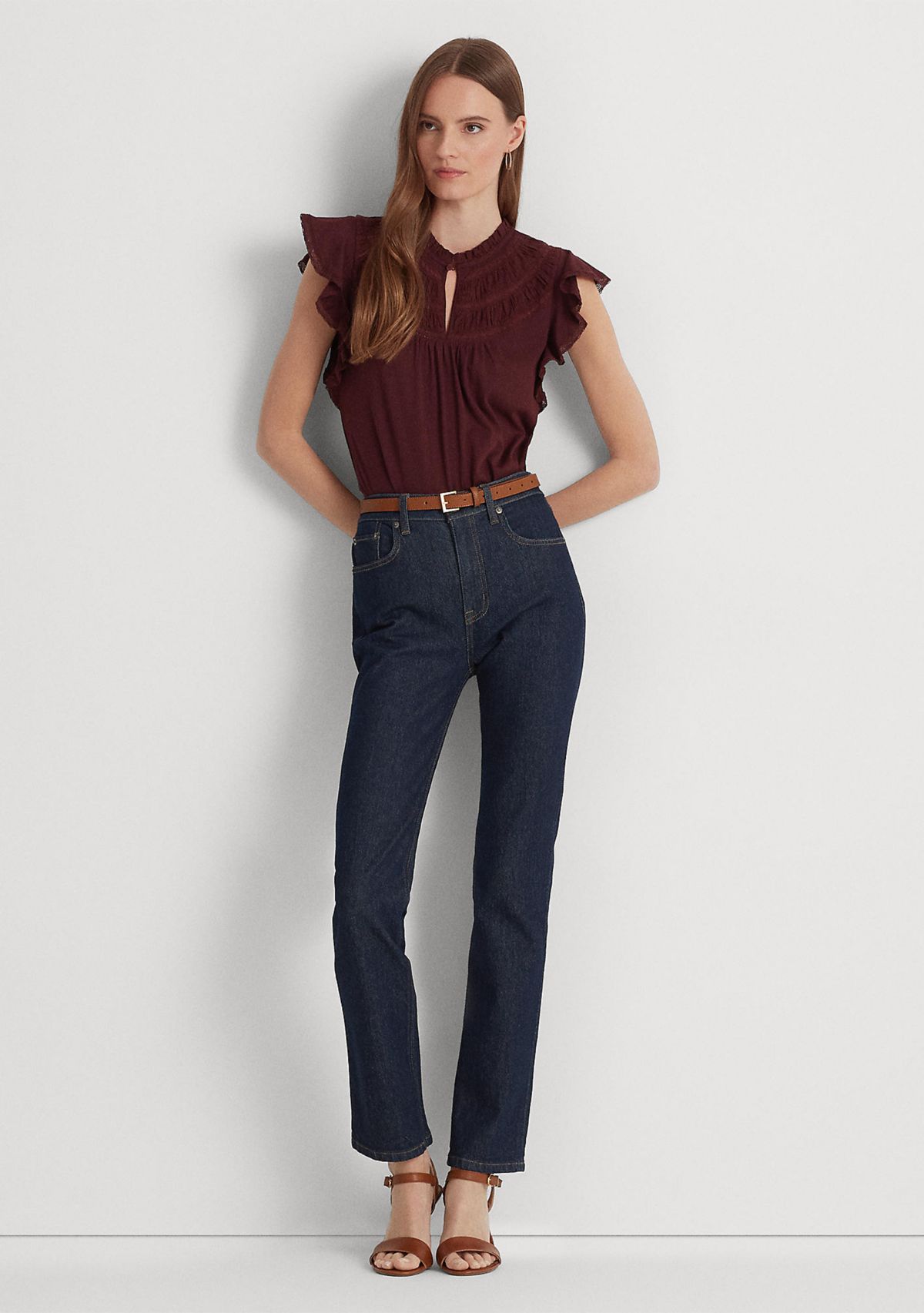 Lace Trim Jersey Flutter Sleeve Blouse