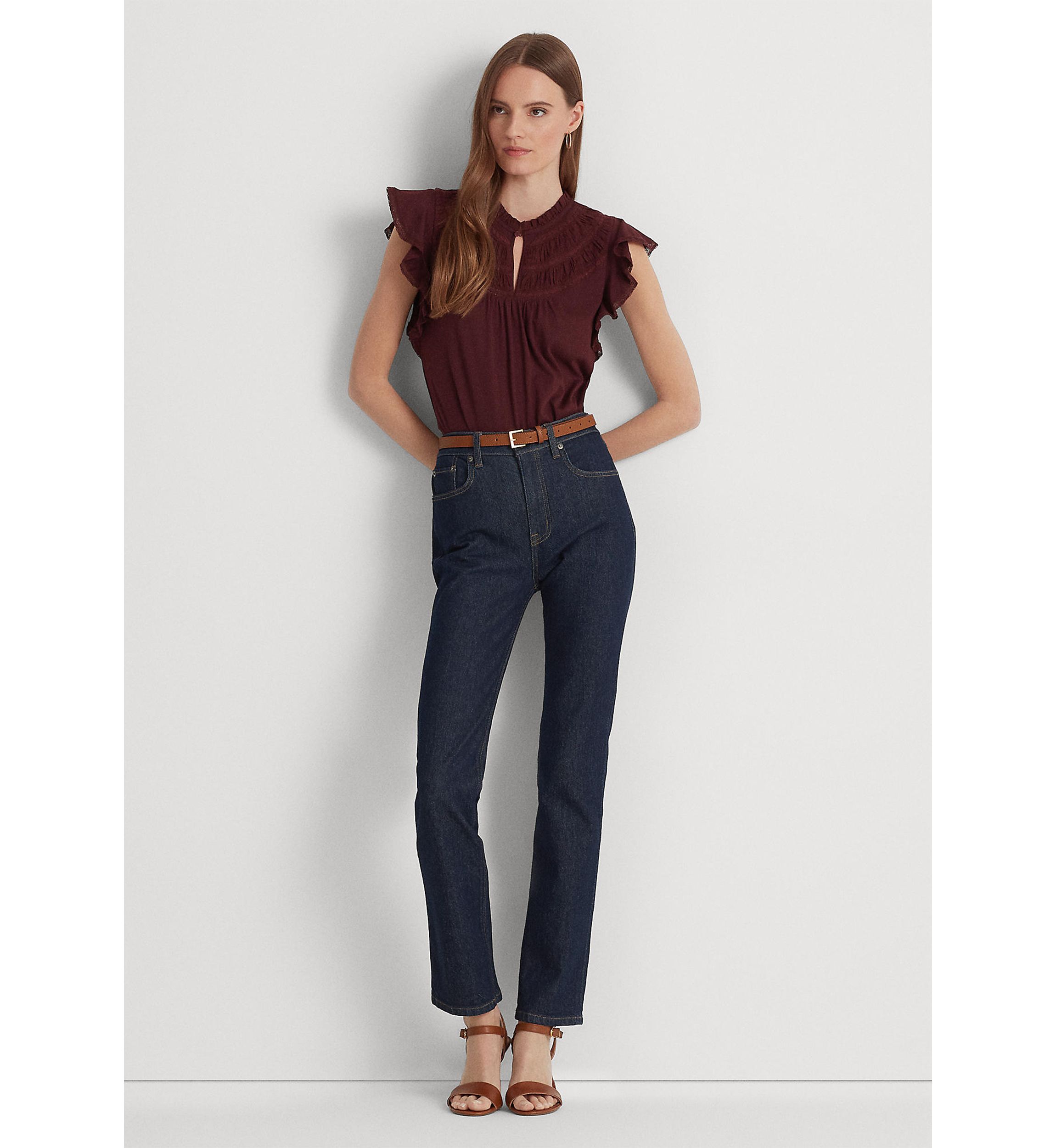 Lace Trim Jersey Flutter Sleeve Blouse