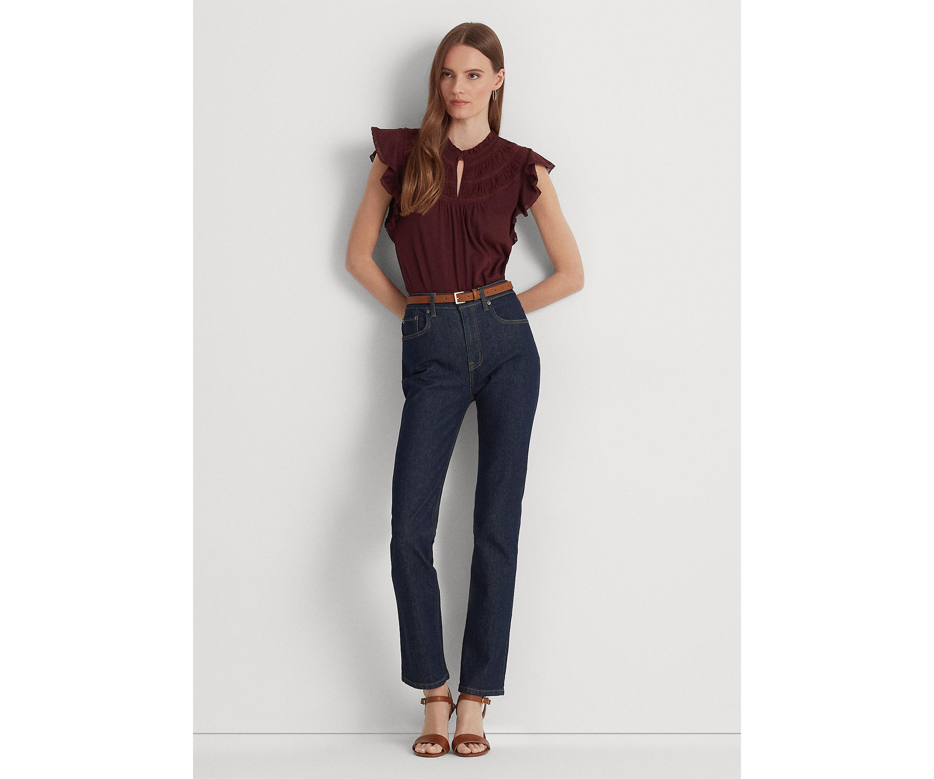 Lace Trim Jersey Flutter Sleeve Blouse