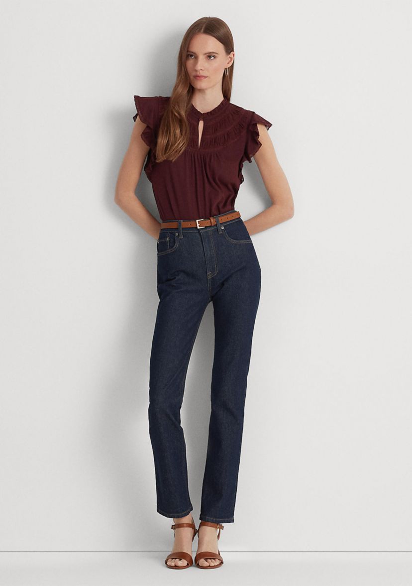 Lace Trim Jersey Flutter Sleeve Blouse