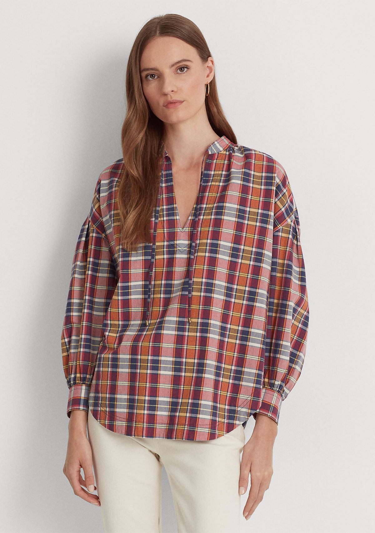Cotton Madras Tie-Neck Blouse