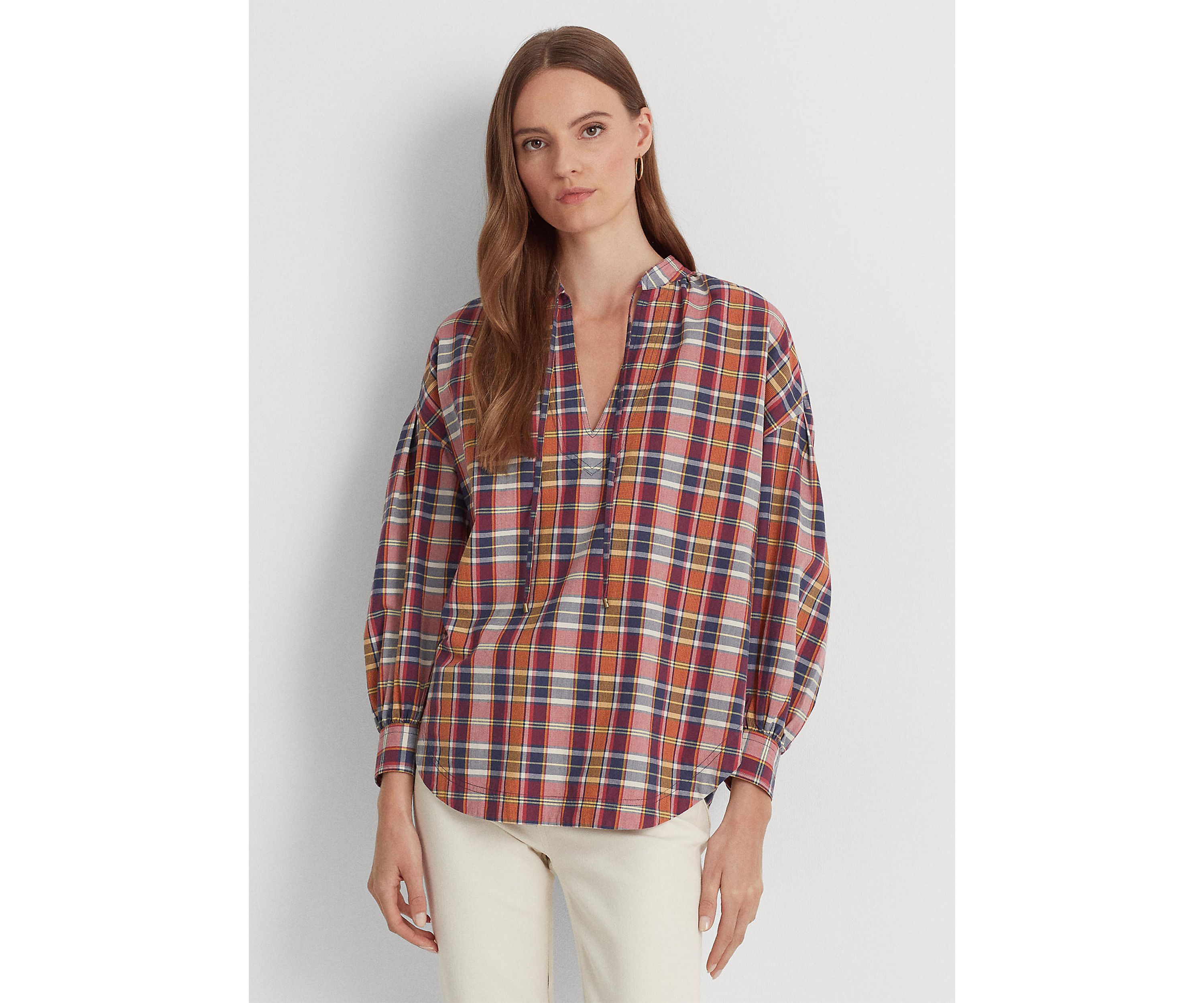 Cotton Madras Tie-Neck Blouse