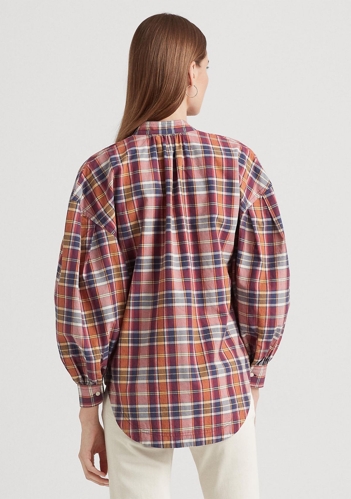 Cotton Madras Tie-Neck Blouse