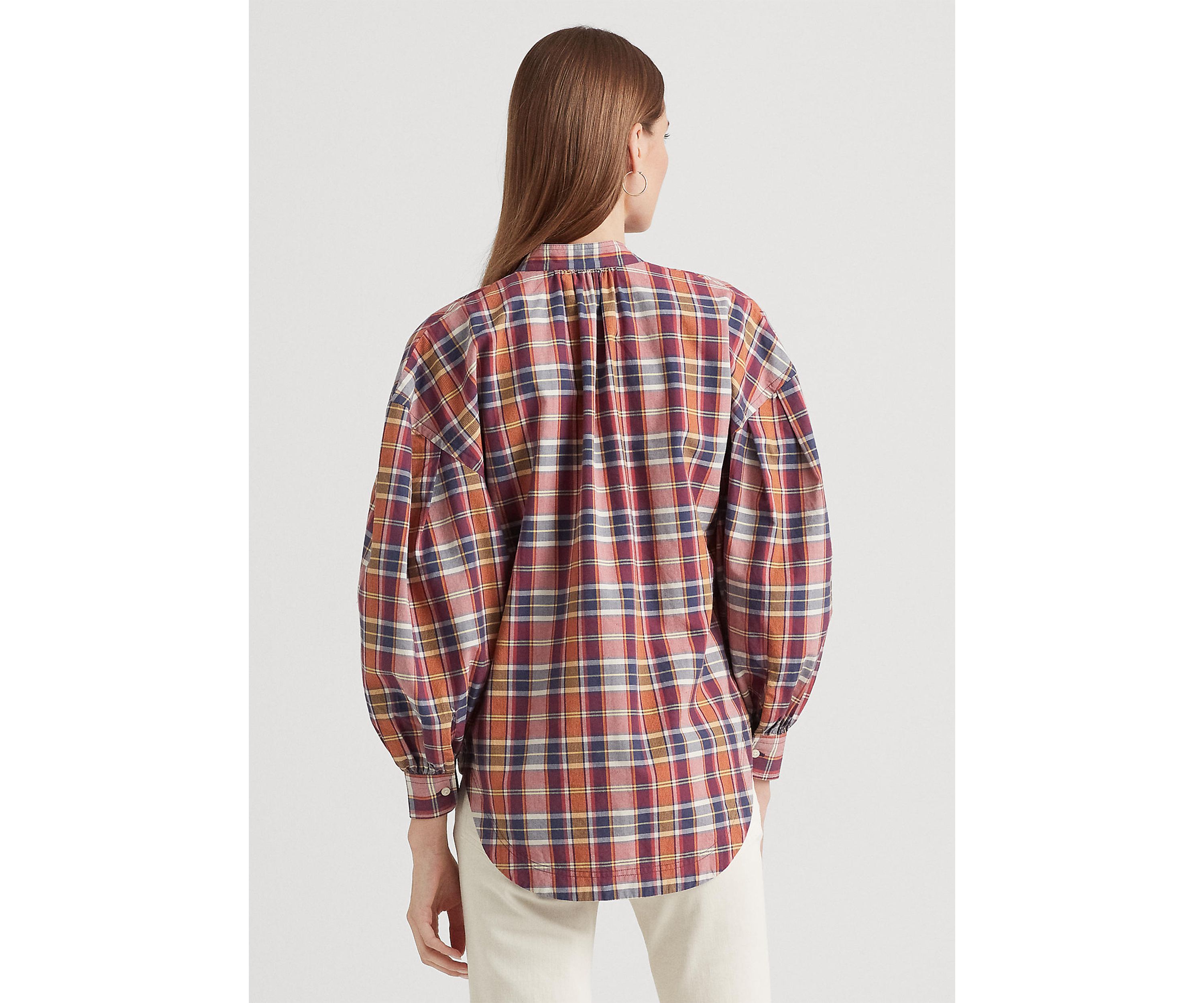 Cotton Madras Tie-Neck Blouse