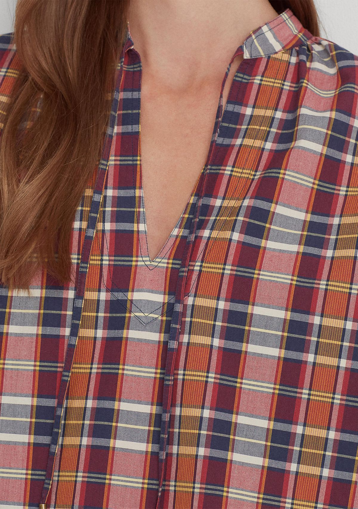 Cotton Madras Tie-Neck Blouse