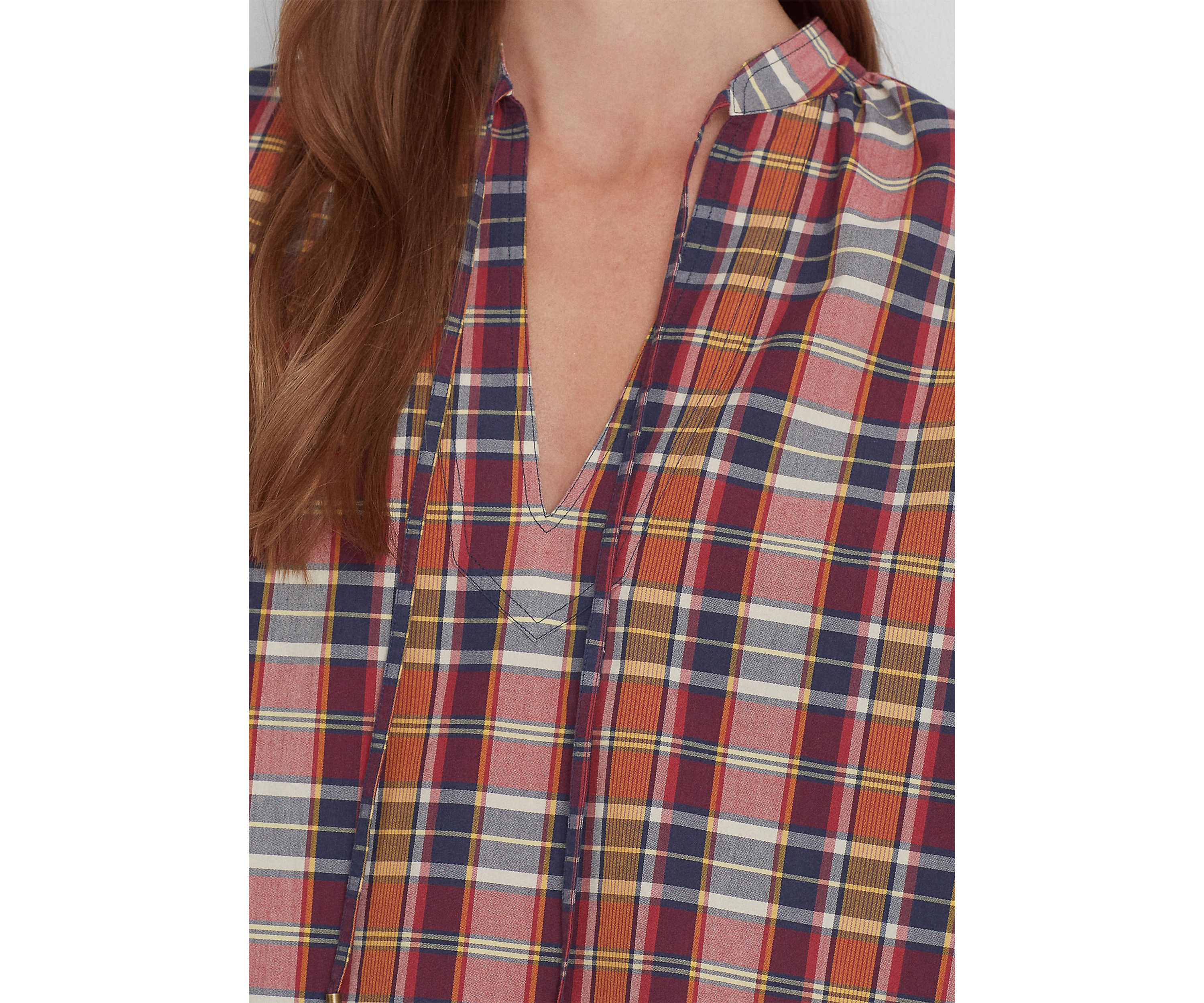 Cotton Madras Tie-Neck Blouse