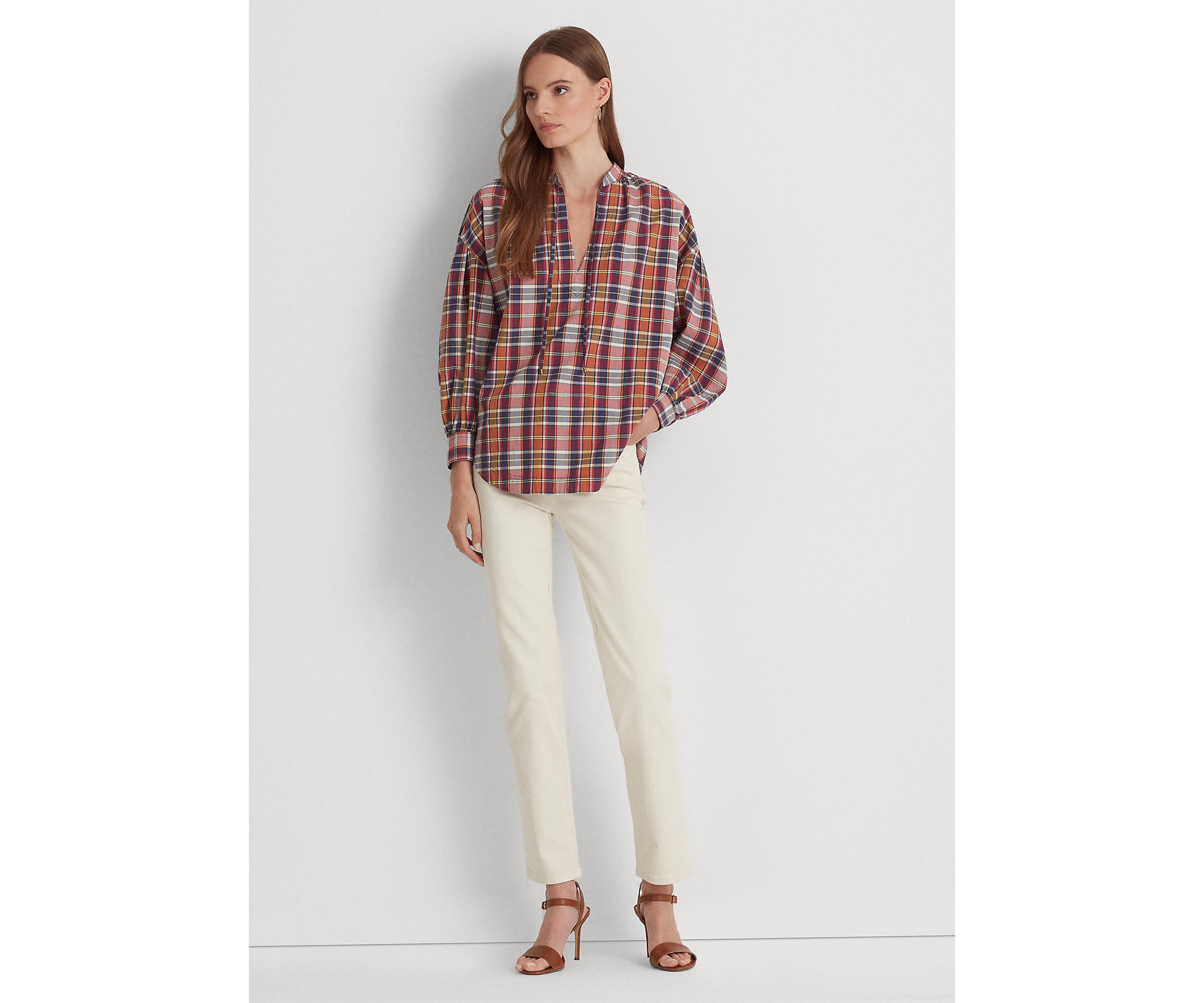 Cotton Madras Tie-Neck Blouse